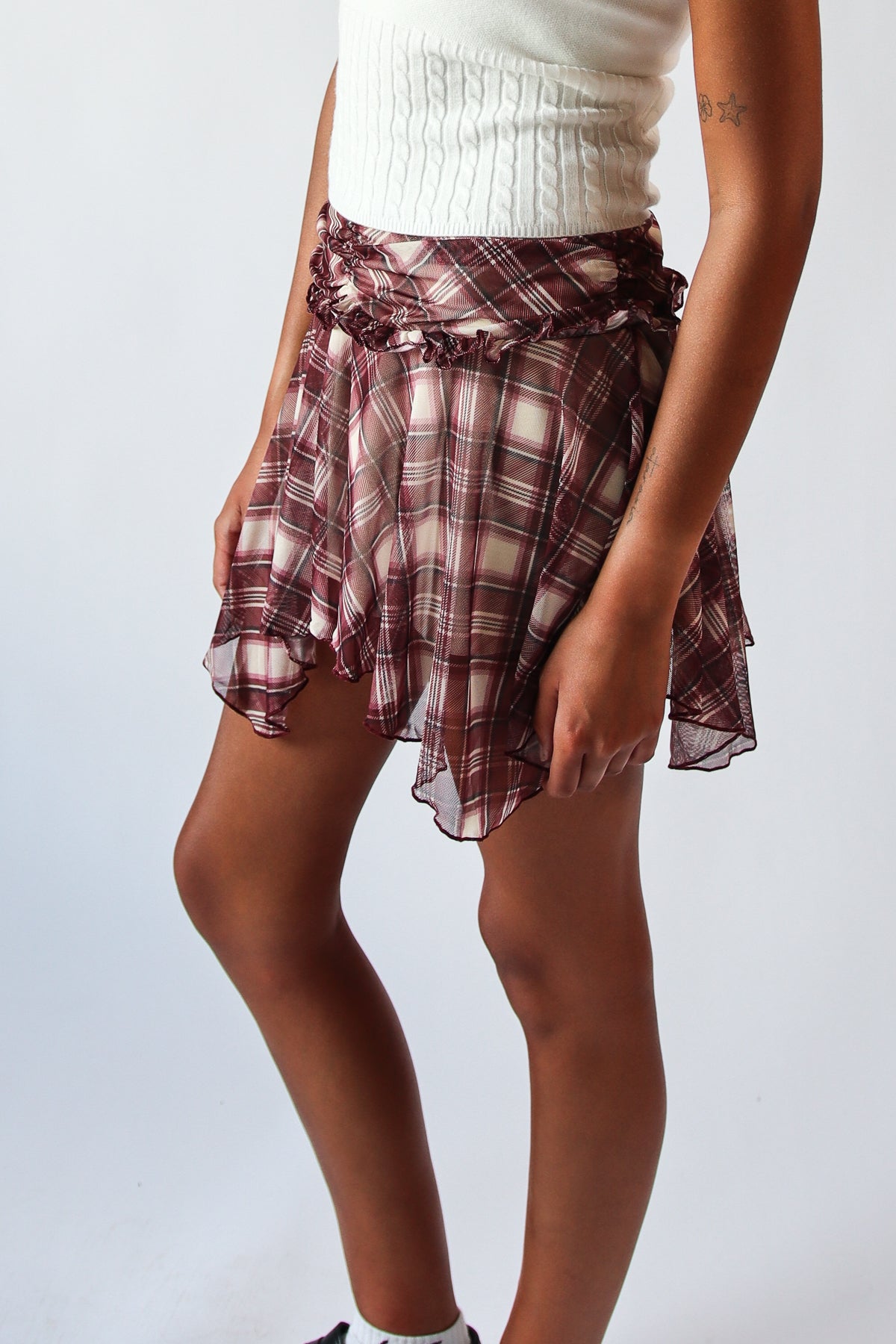 Plaid Mesh Hanky Hem Mini Skirt