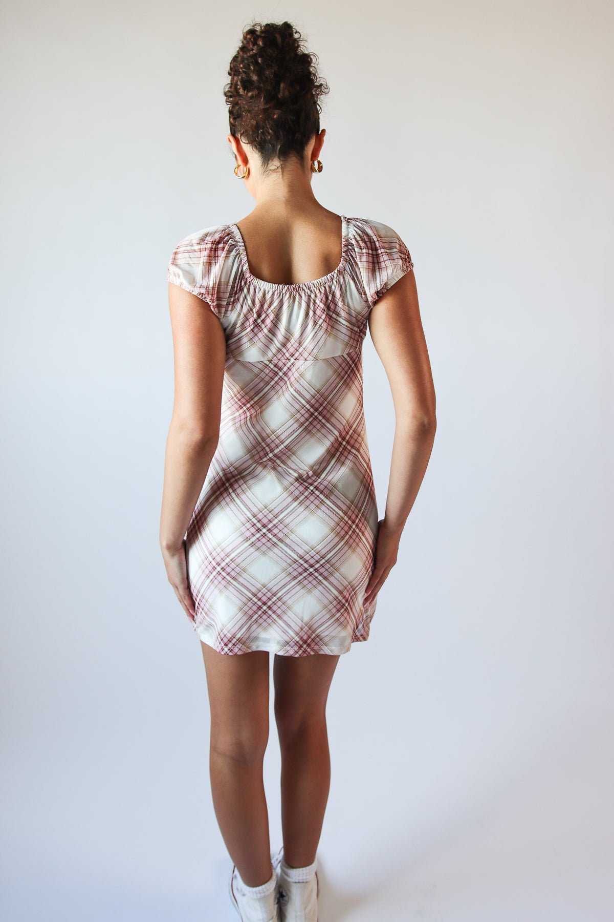 Plaid Mesh Ribbon Empire Waist Mini Dress