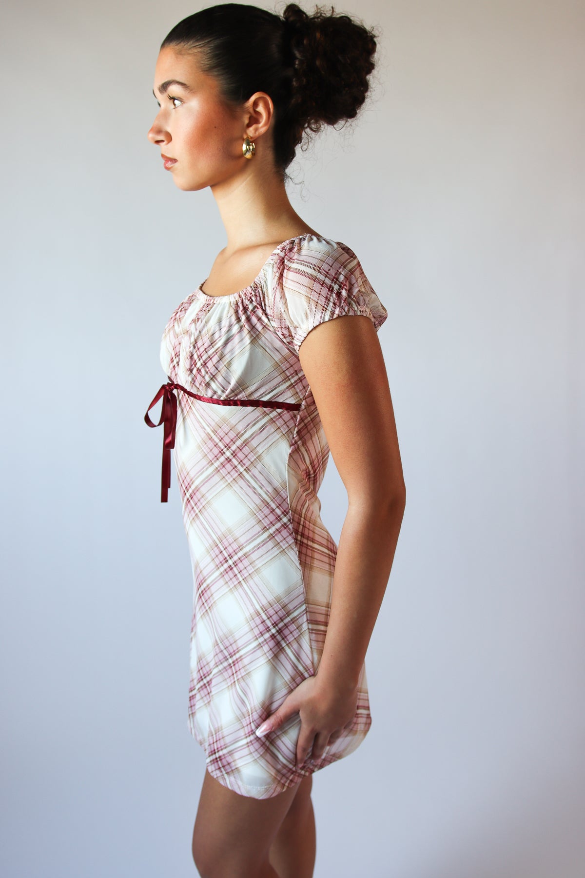 Plaid Mesh Ribbon Empire Waist Mini Dress