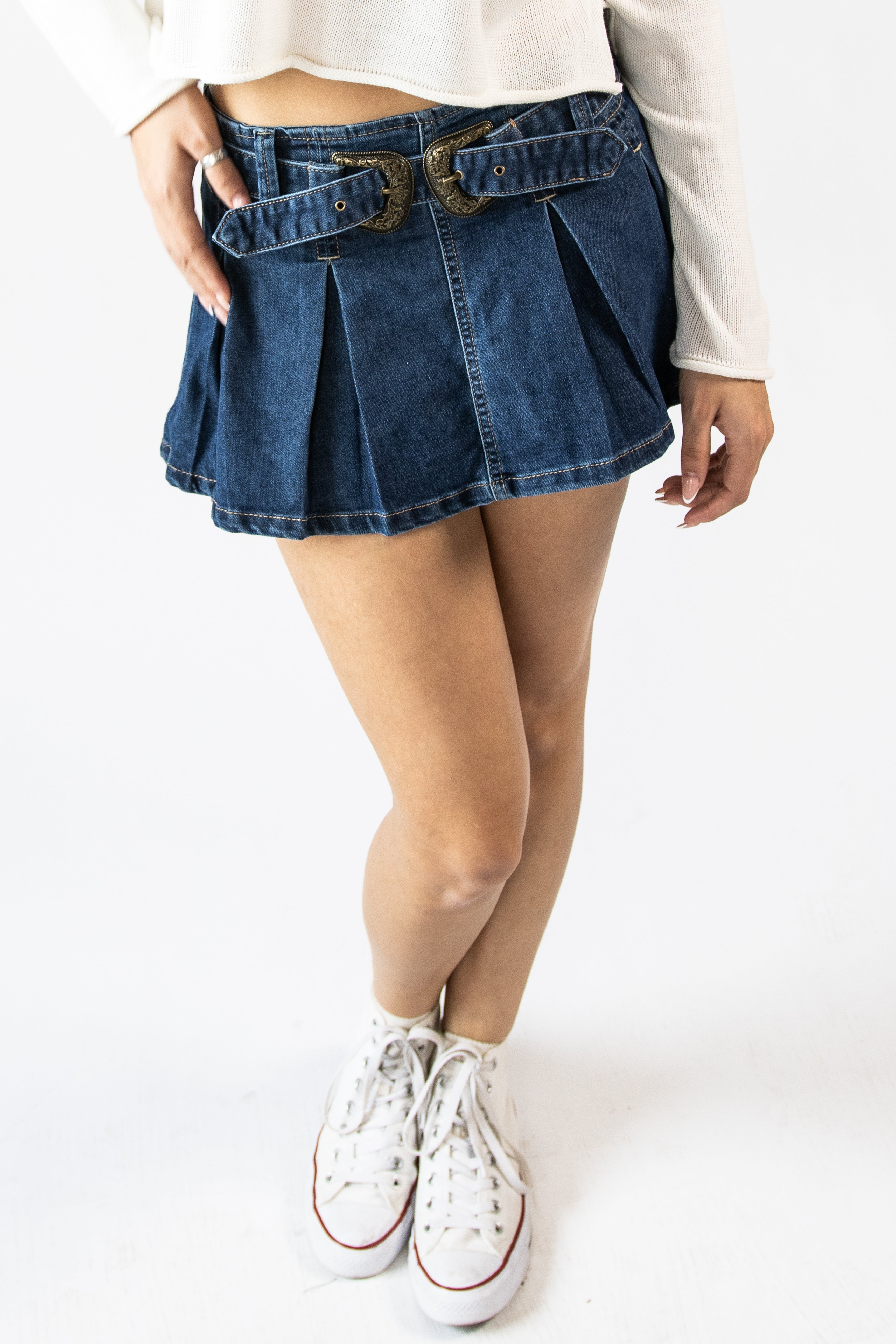 Double Buckle Belted Denim Mini Skort