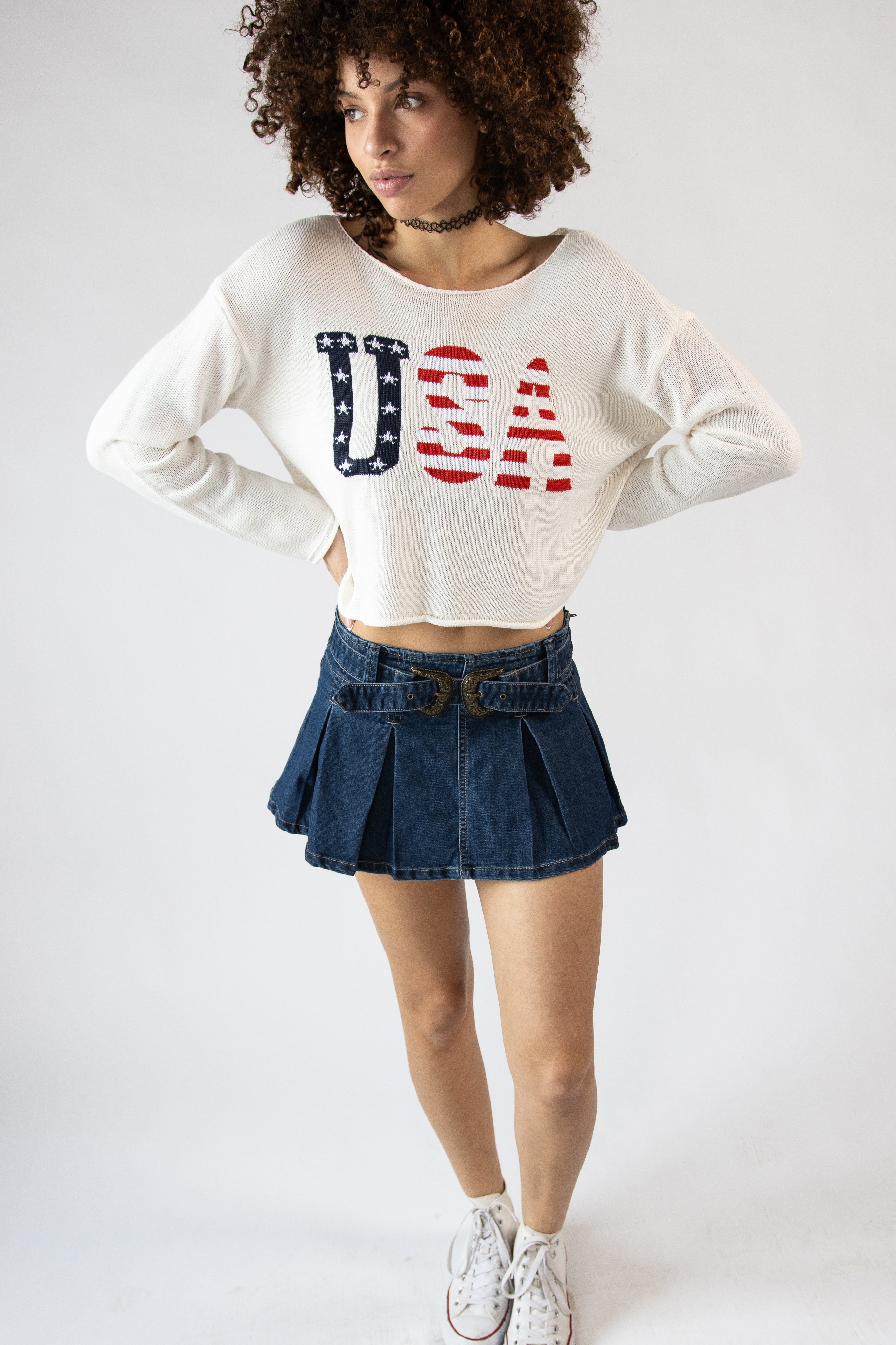 Double Buckle Belted Denim Mini Skort