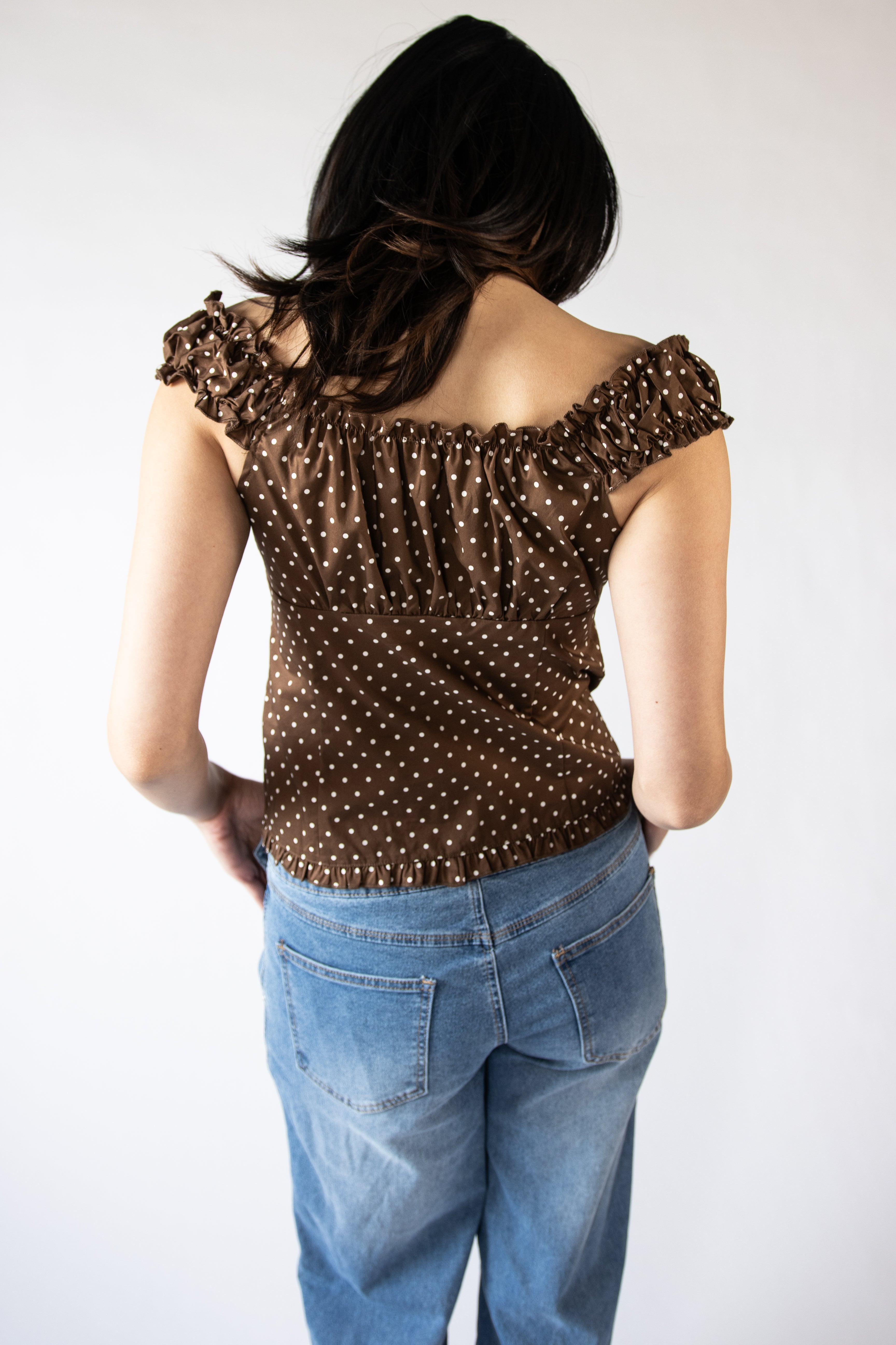 Polka Dot Ruffle Pin Tuck Top