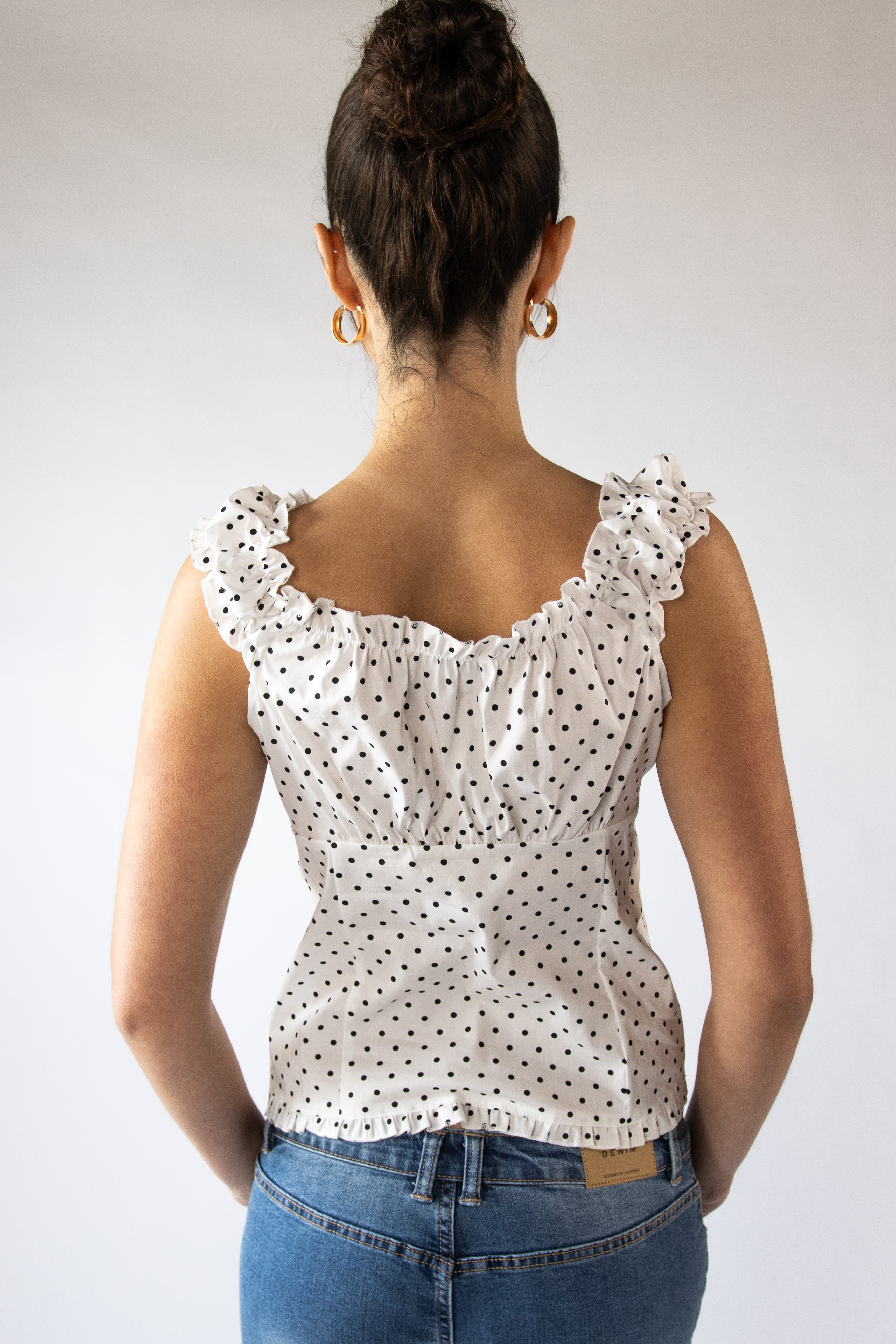 Polka Dot Ruffle Pin Tuck Top