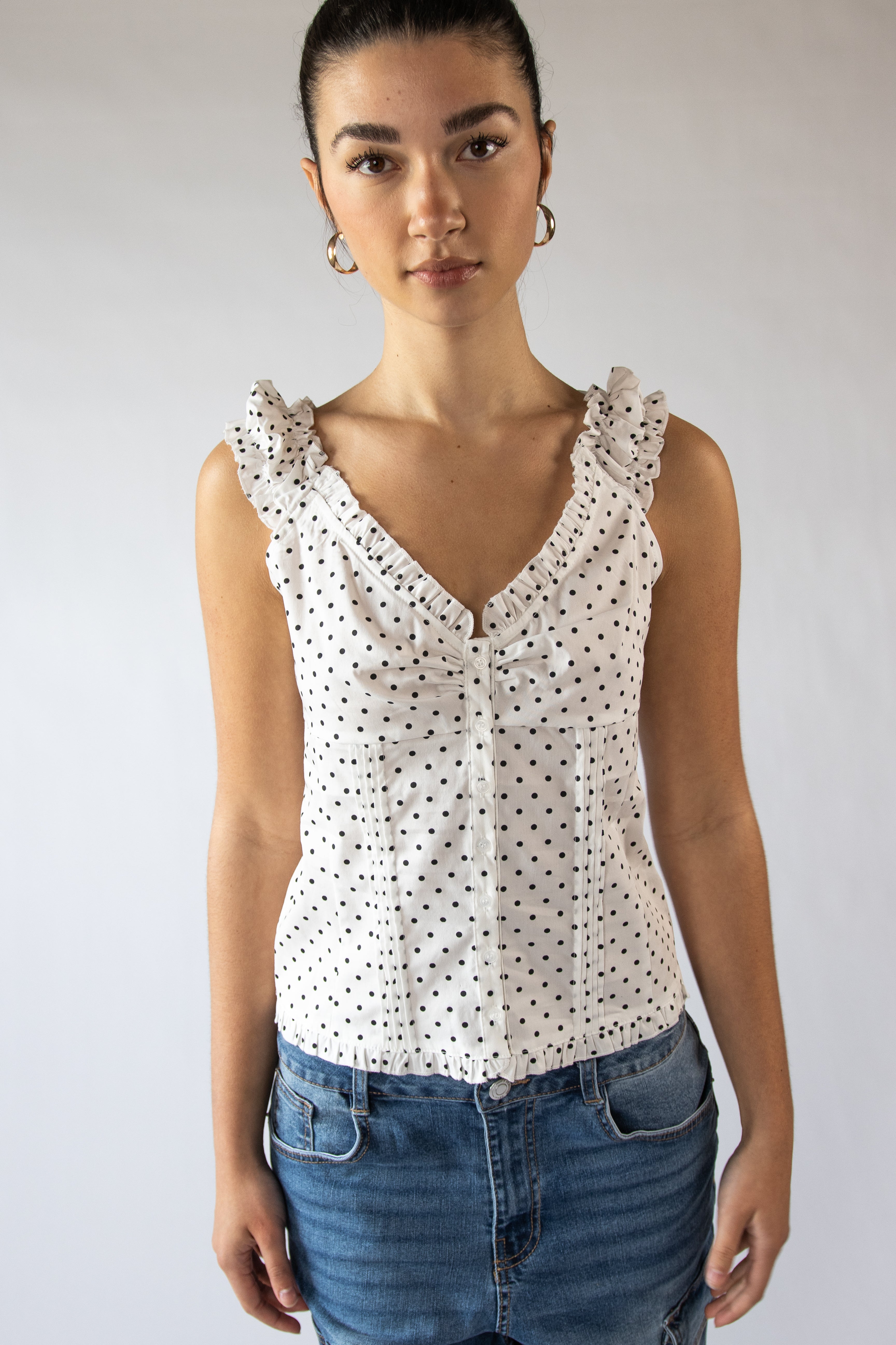 Polka Dot Ruffle Pin Tuck Top