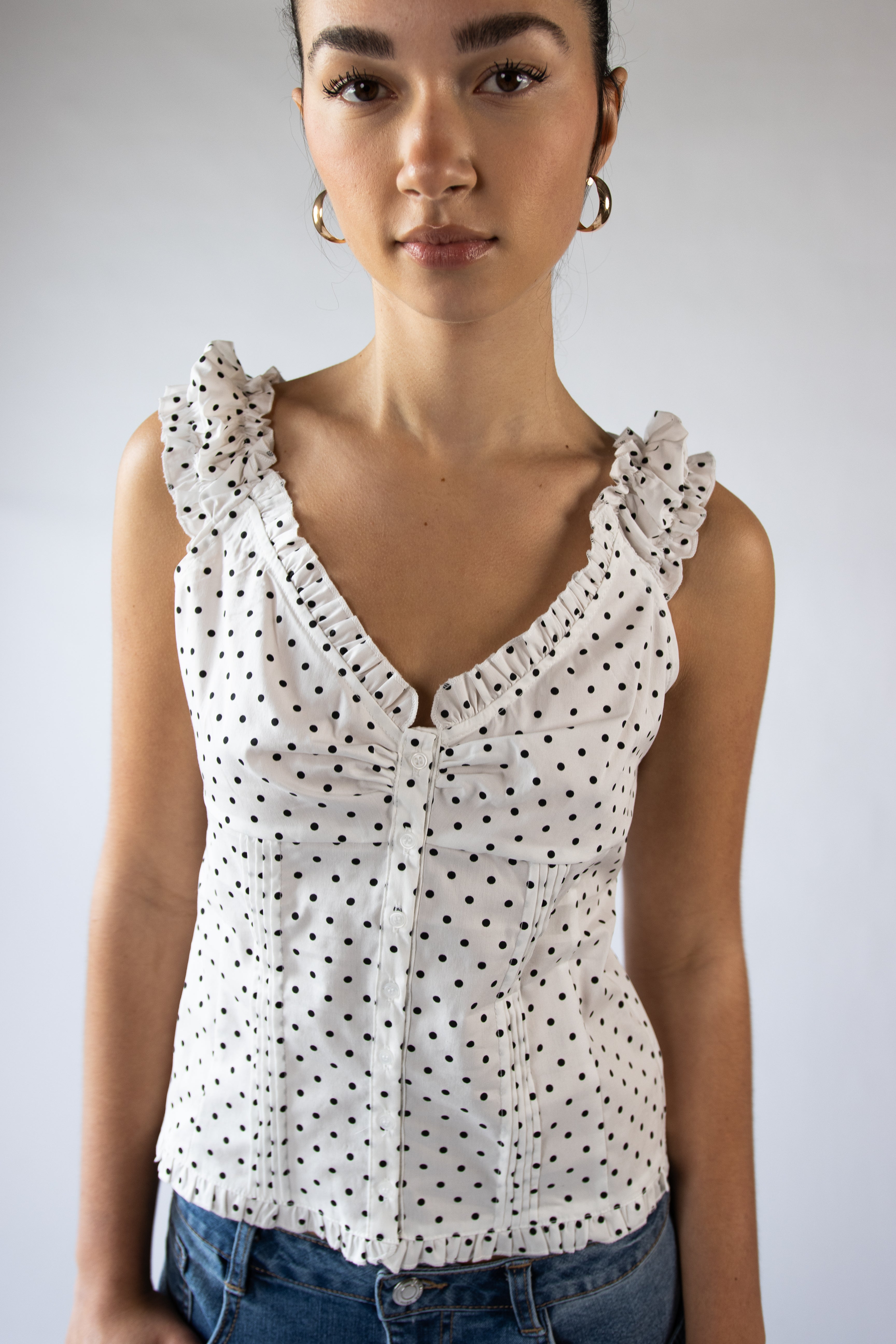 Polka Dot Ruffle Pin Tuck Top