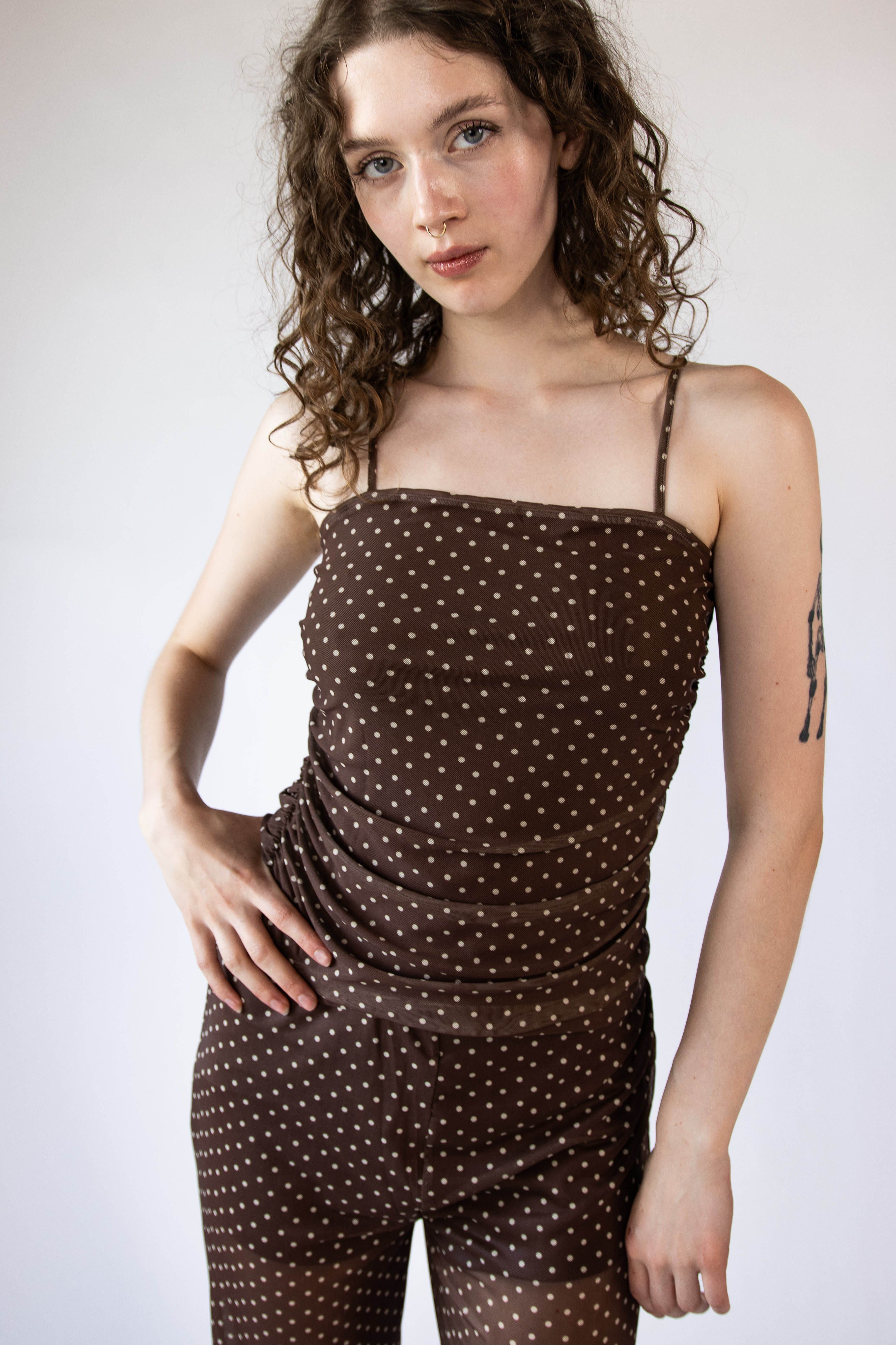 Polka Dot Print Mesh Ruched Cami