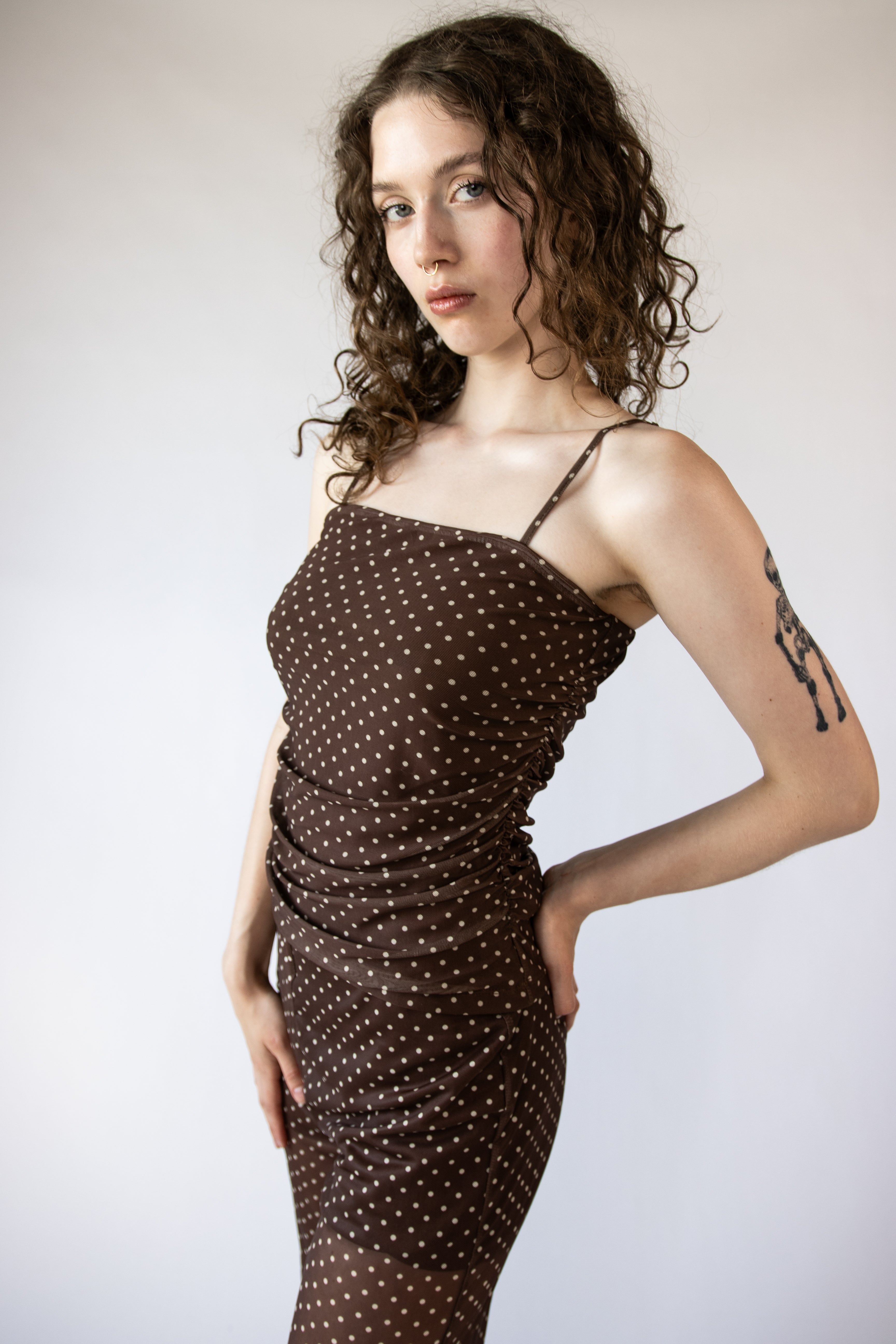 Polka Dot Print Mesh Ruched Cami