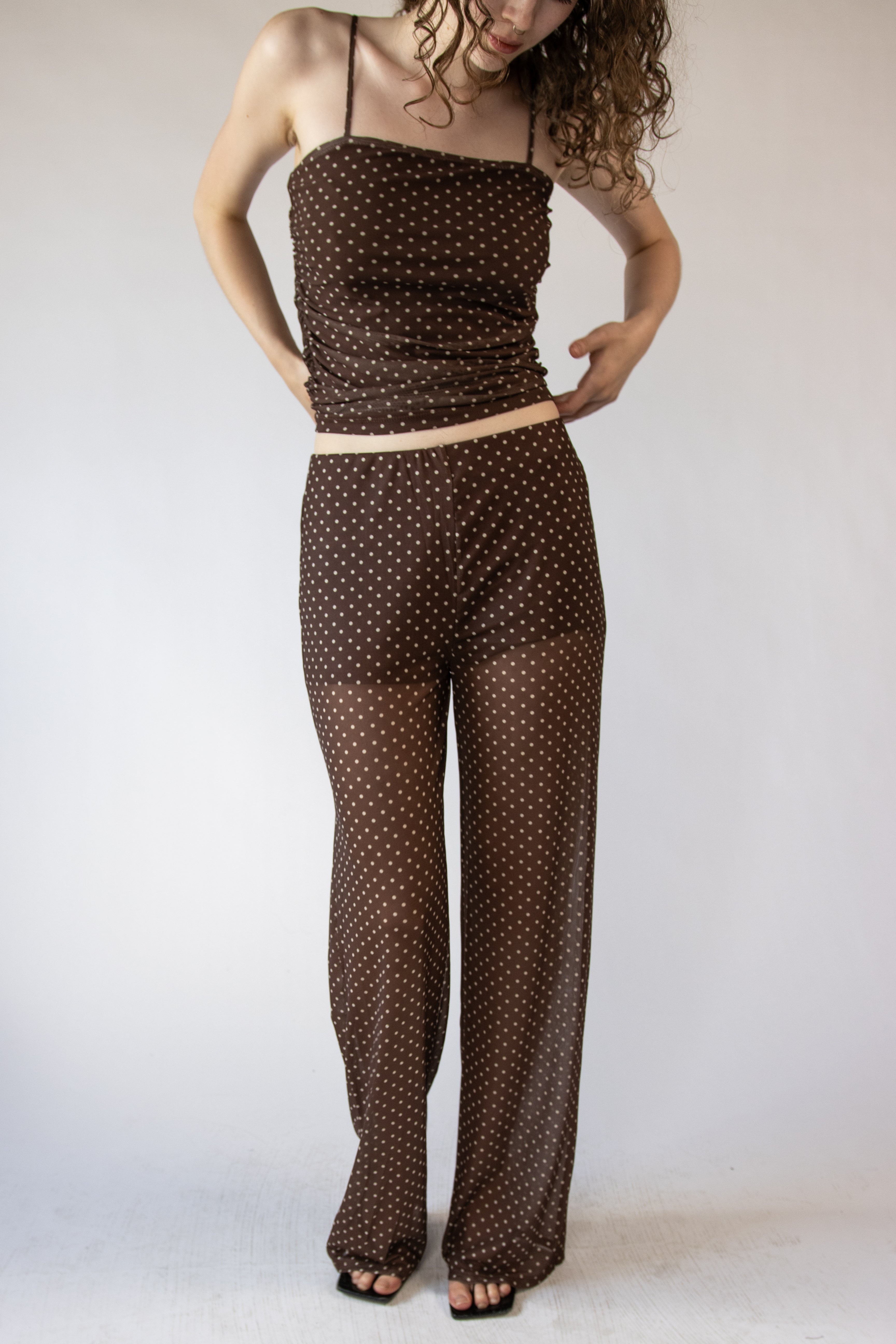 Polka Dot Print Mesh Wide Leg Pants