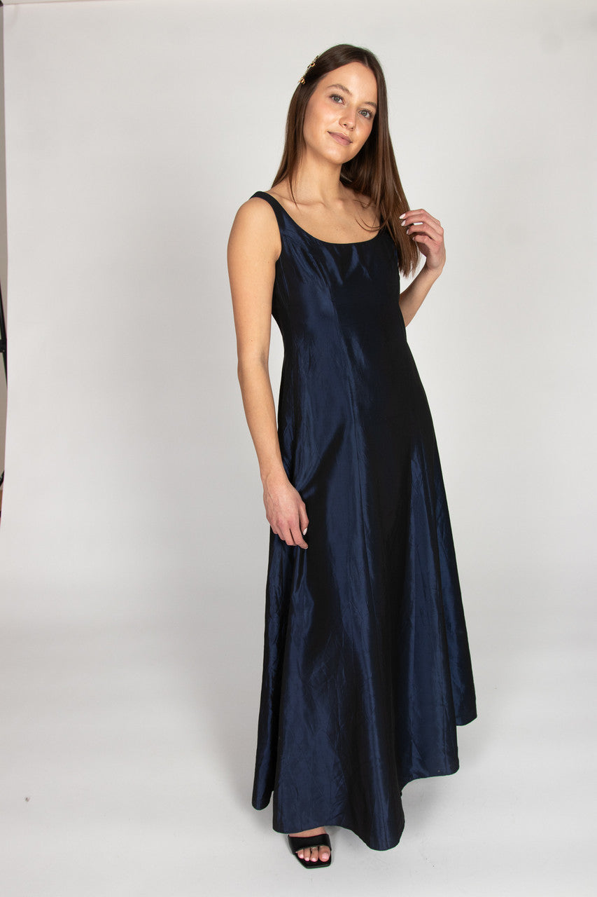 Vintage Navy Satin A-Line Maxi Dress