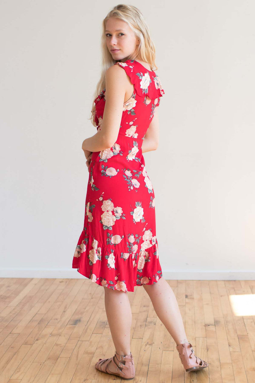 Red Floral Ruffle Flounce Dress
