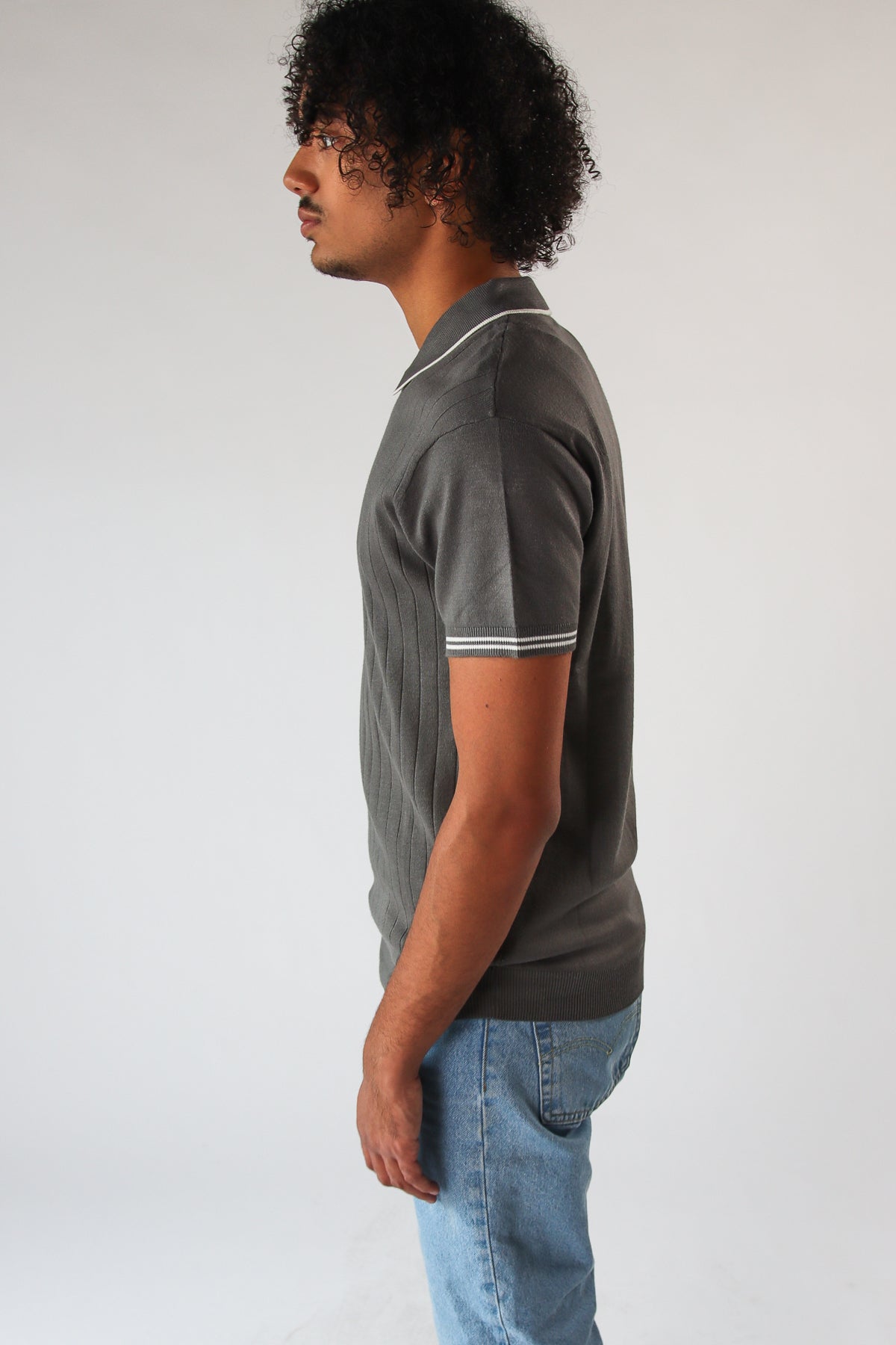 Ribbed Knit Zipper Polo
