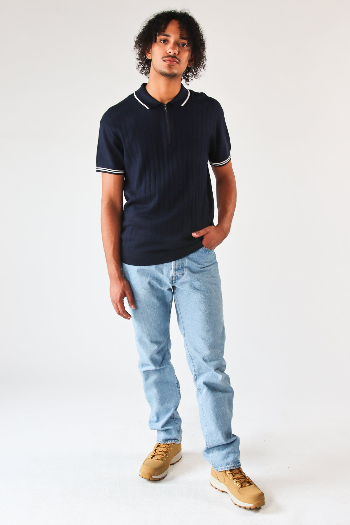 Ribbed Knit Zipper Polo