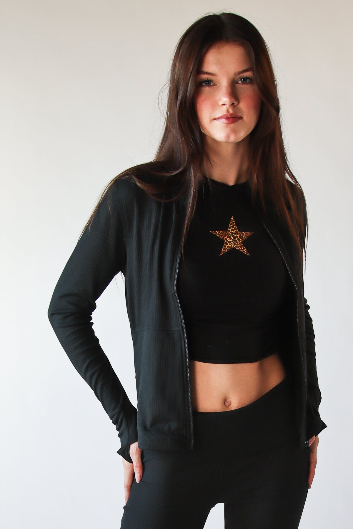 Ribbed Lightweight Fleece Lined Zip Up Top