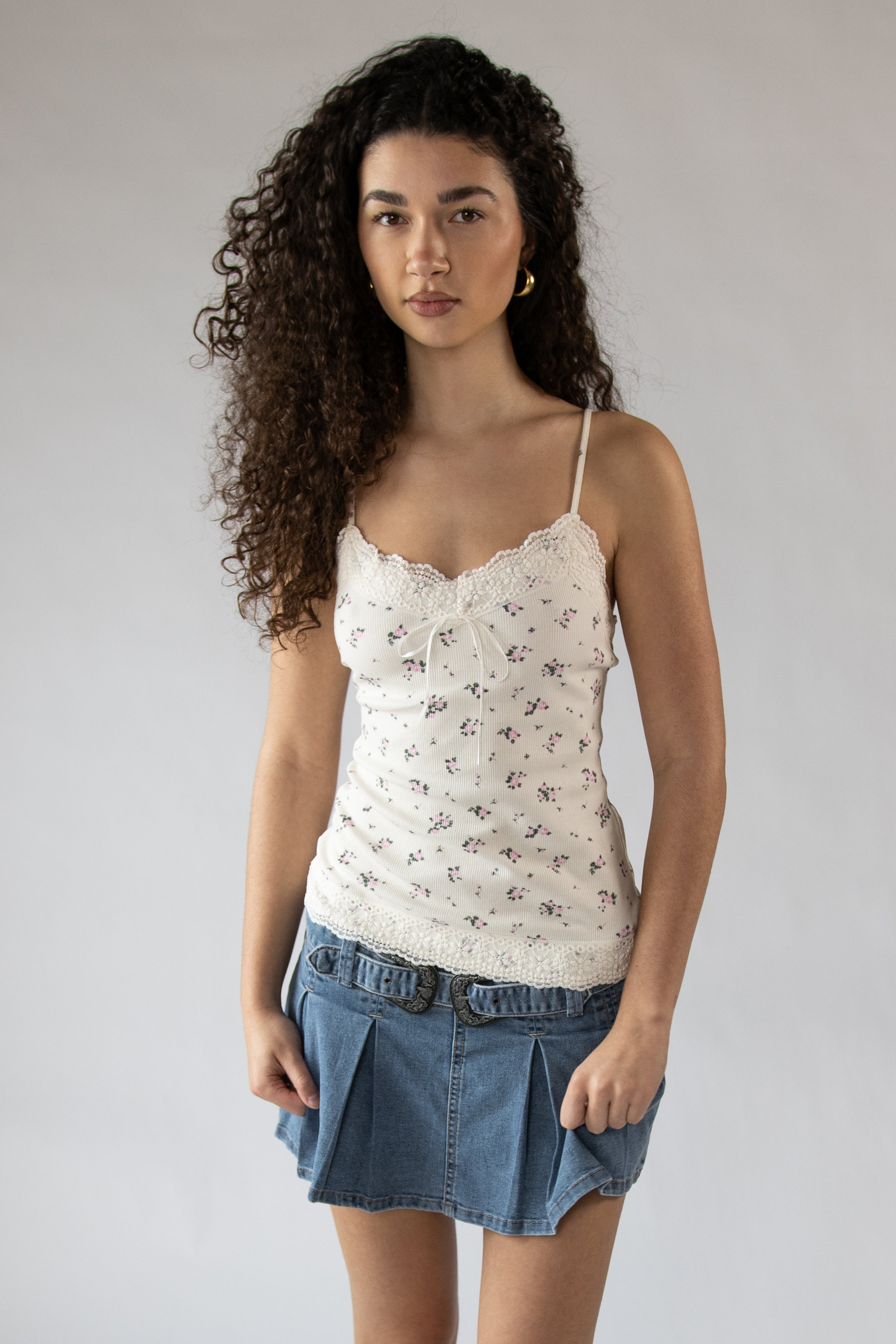 Ribbon Bow Lace Trim Cami Floral