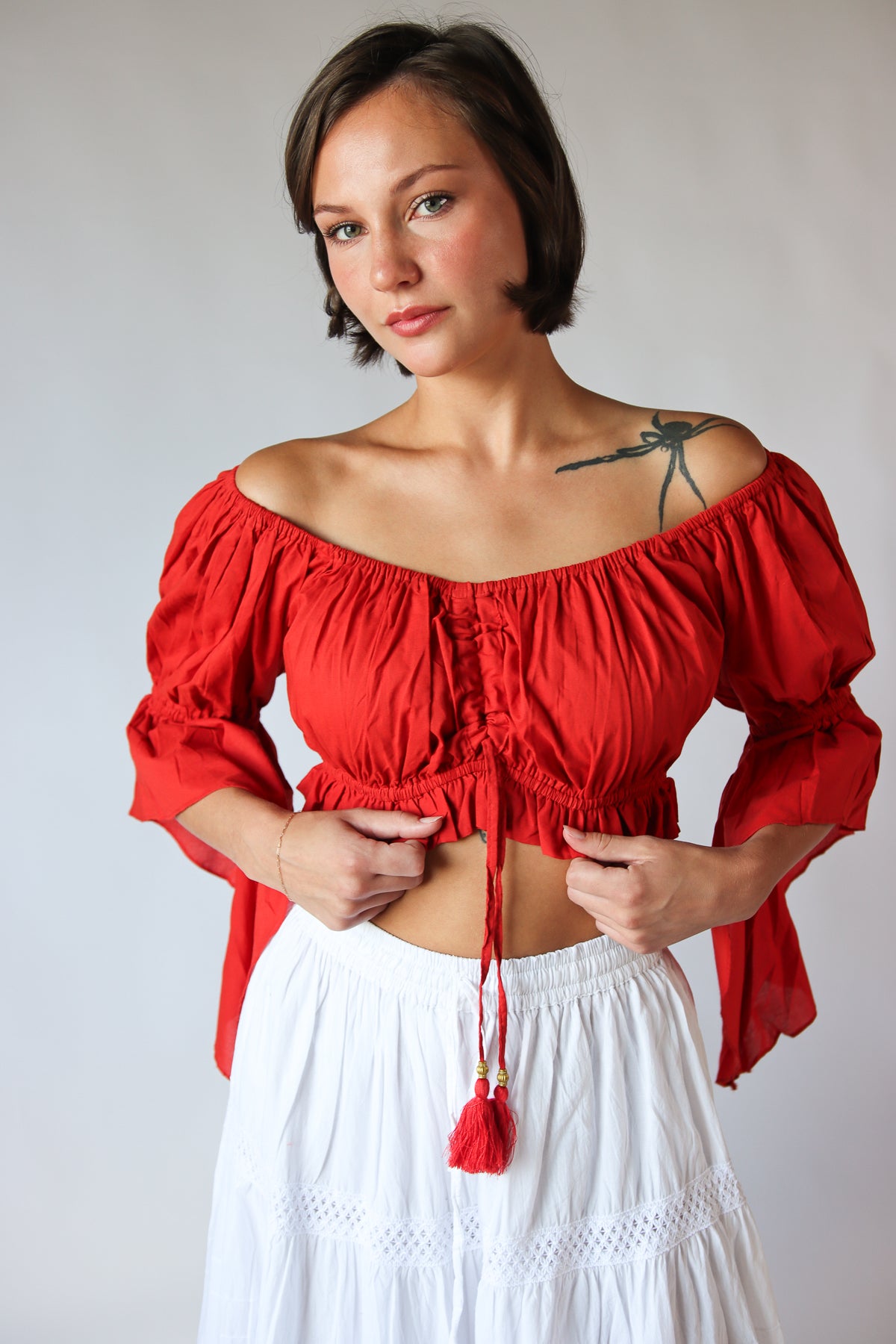 Ruched Cropped Peasant Top