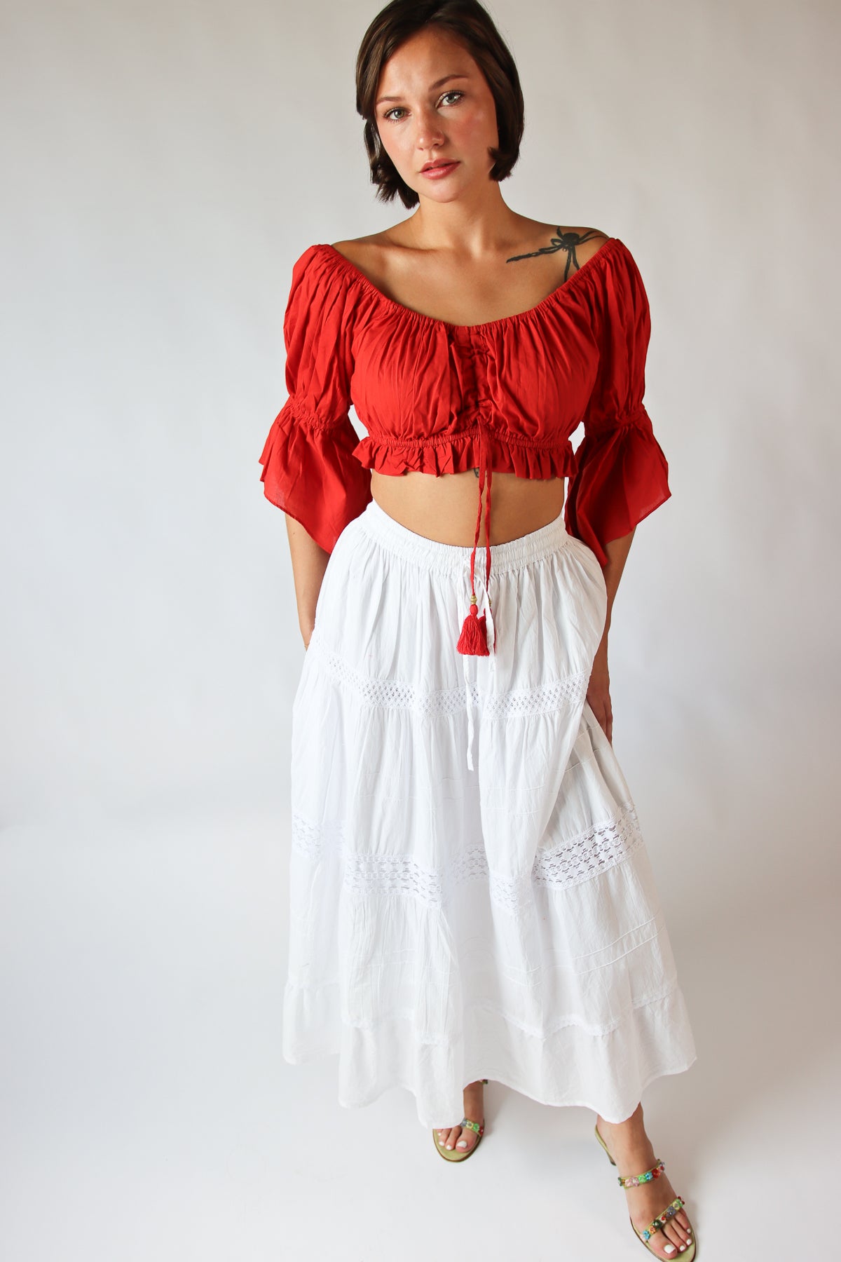 Ruched Cropped Peasant Top