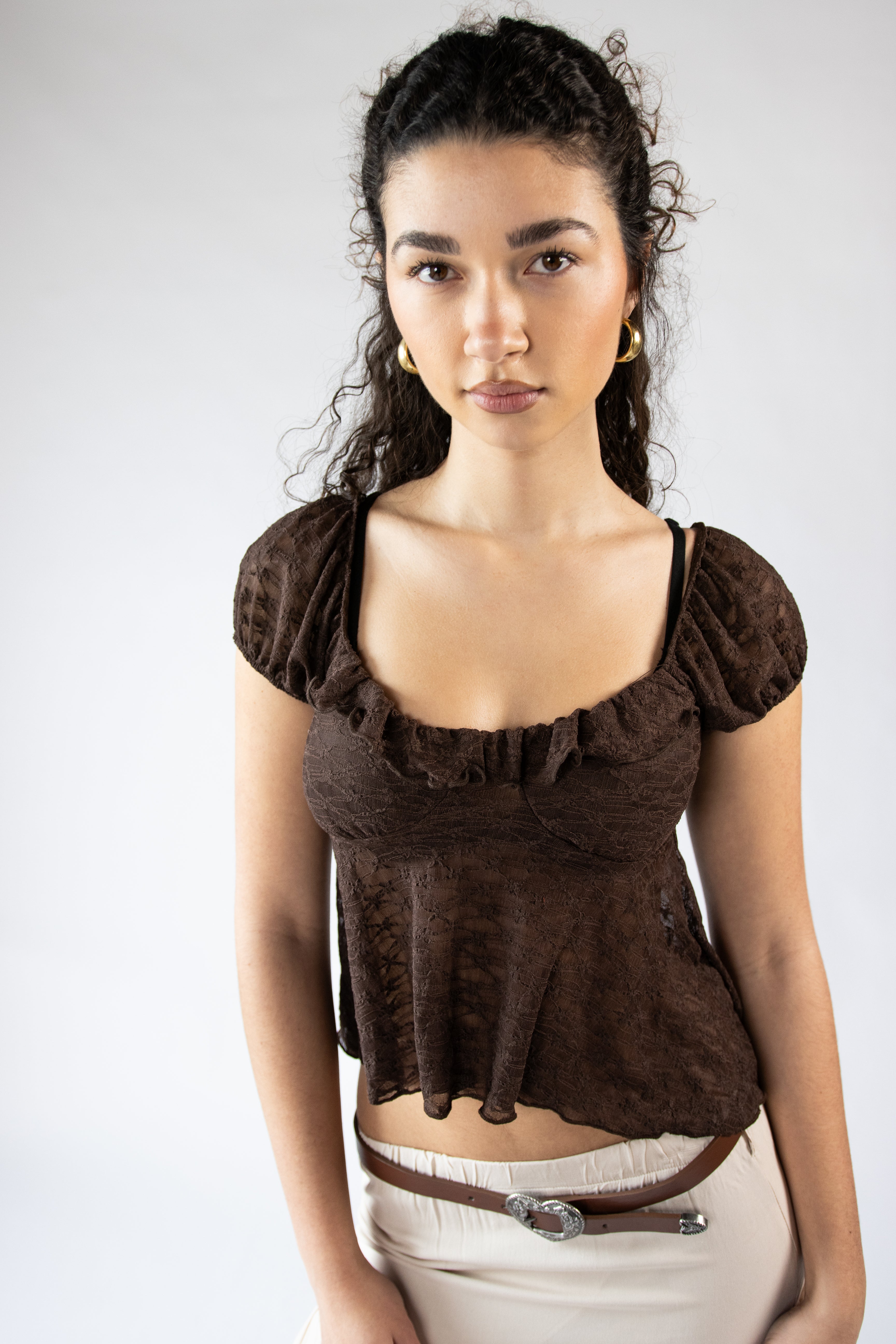 Ruffle Lace Puff Sleeve Top