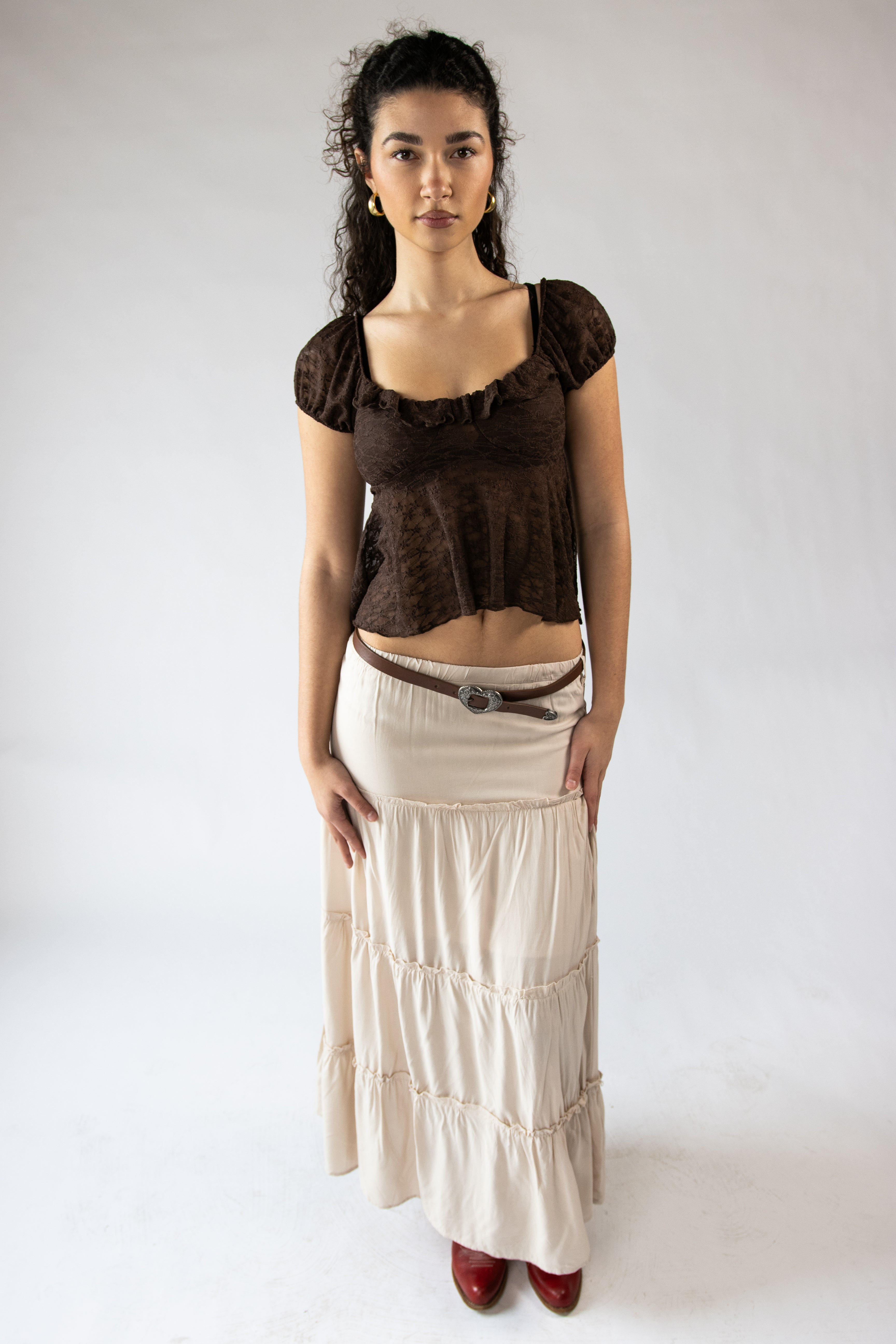 Ruffle Lace Puff Sleeve Top