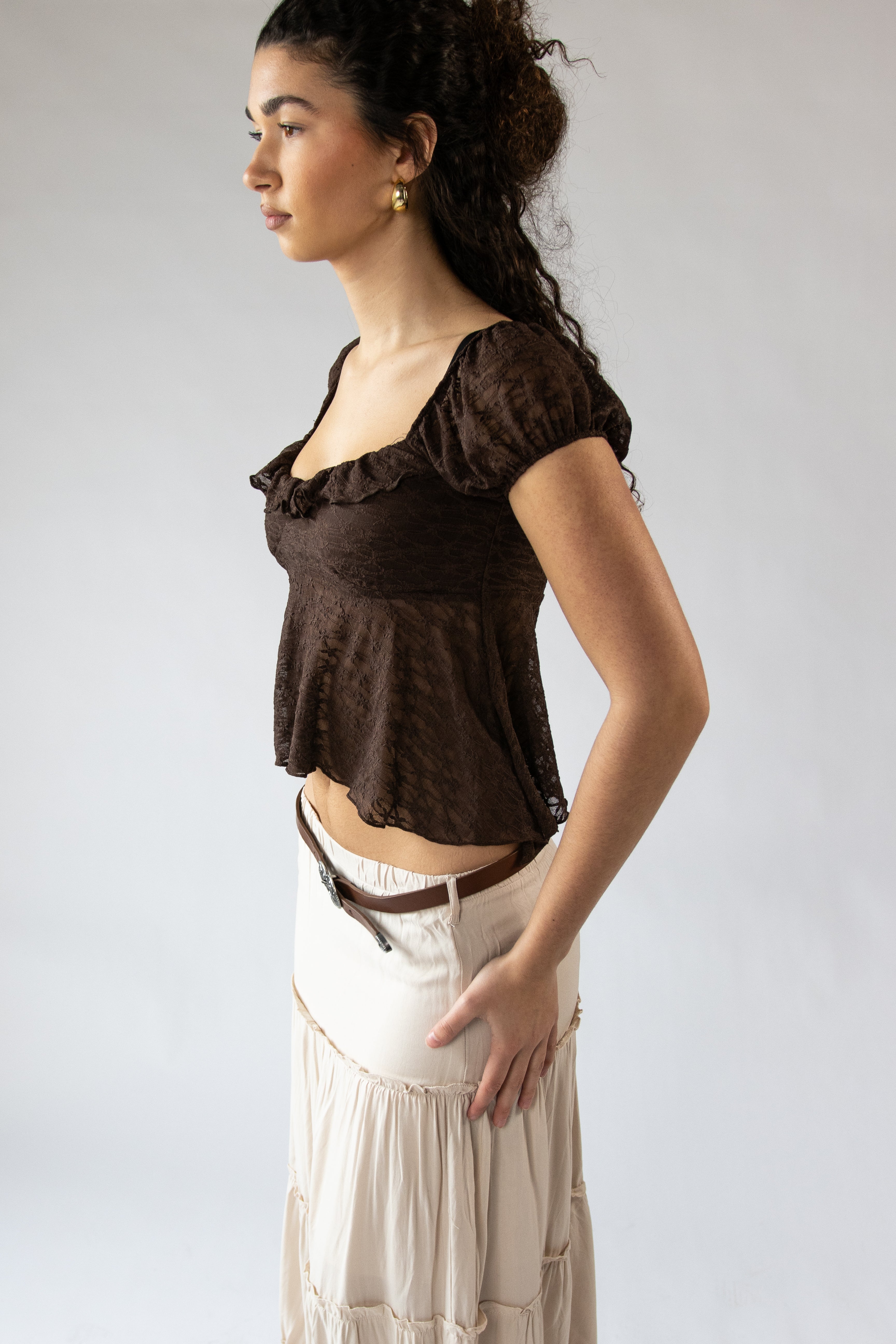 Ruffle Lace Puff Sleeve Top