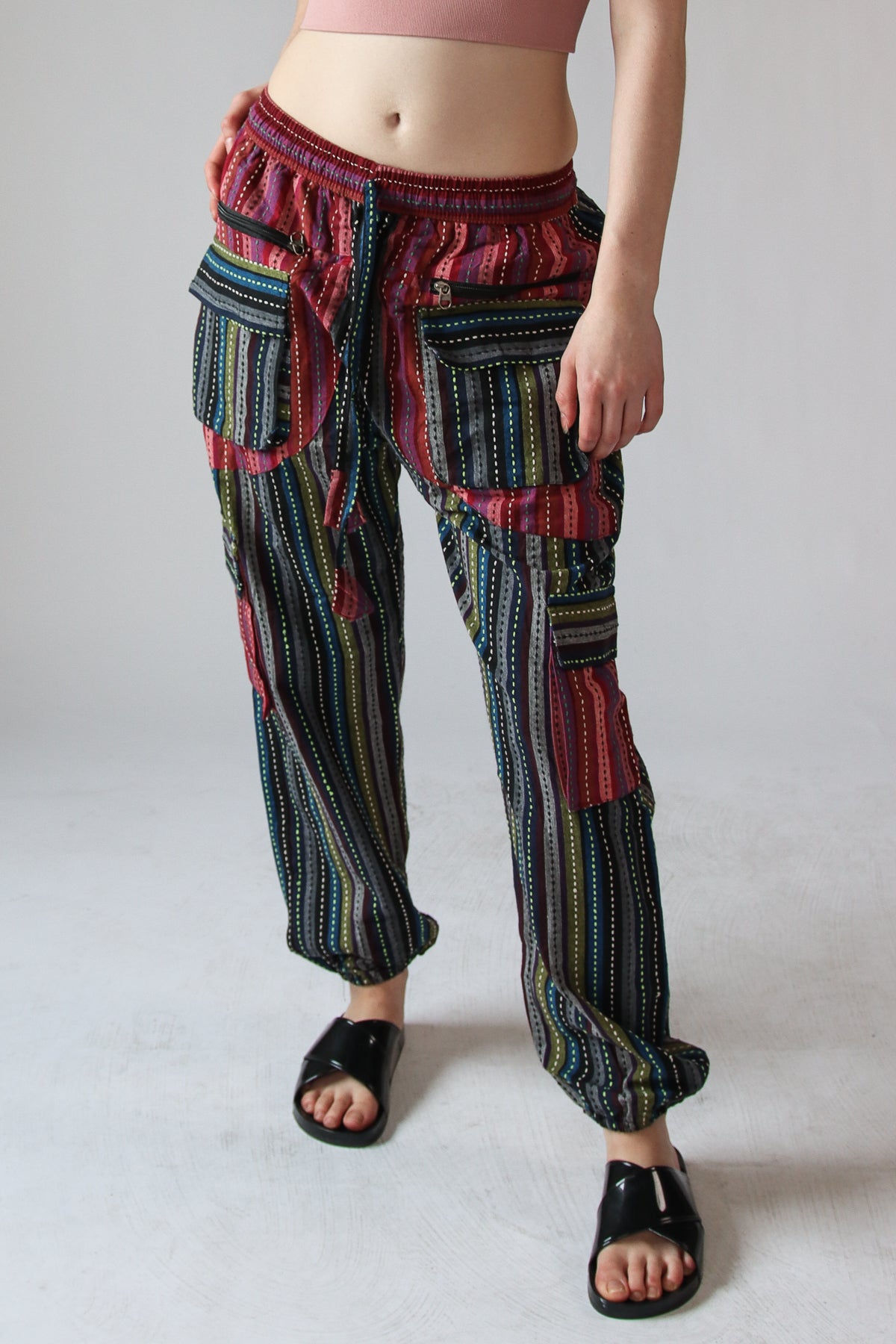 Running Stitch Striped Patchwork Pants