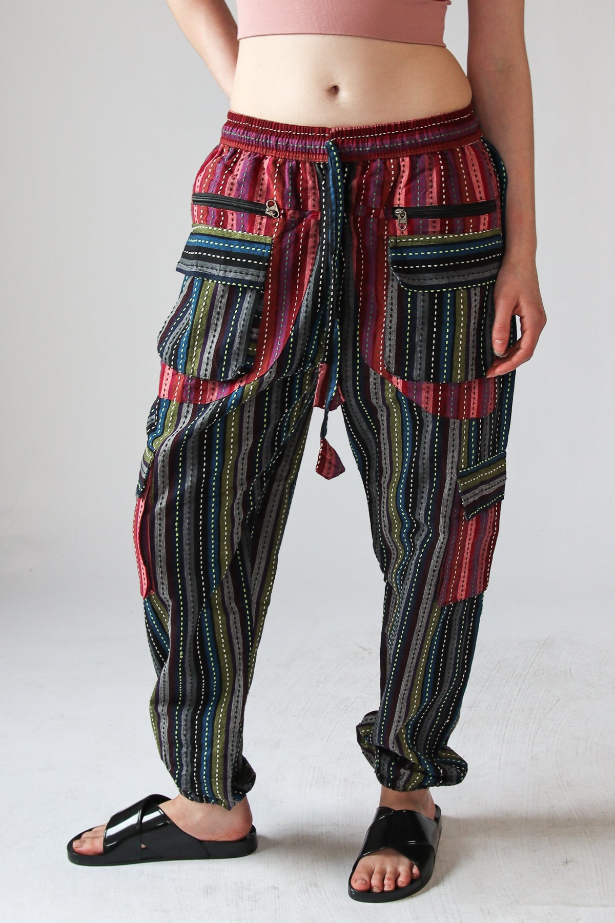 Running Stitch Striped Patchwork Pants
