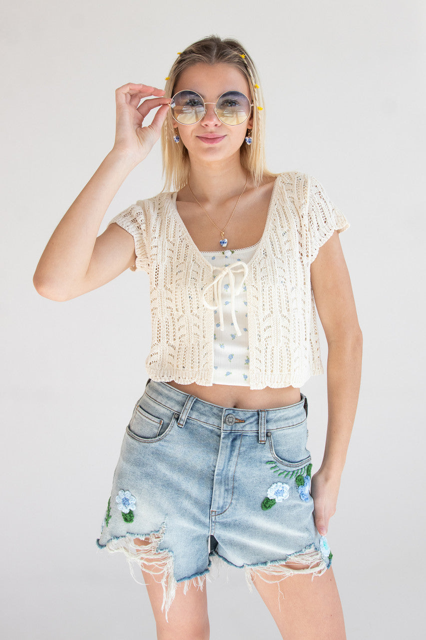 Short Sleeve Tie Front Lacy Knit Cardigan
