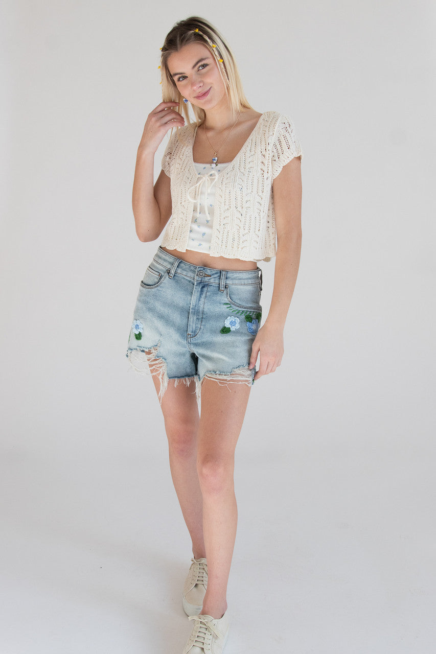 Short Sleeve Tie Front Lacy Knit Cardigan