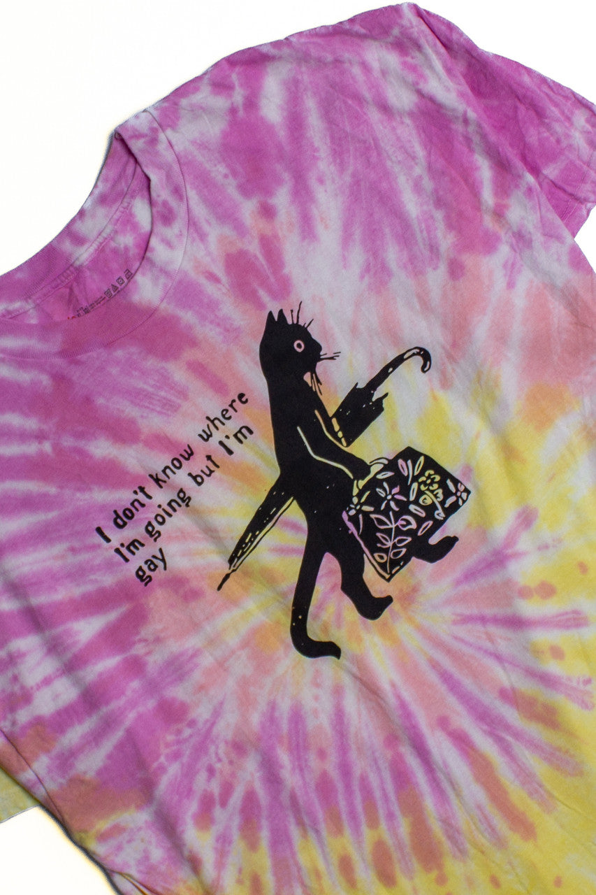 Pink Gay Cat Tie Dye Screen Print T-Shirt