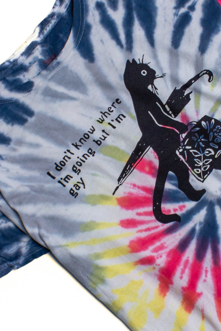 Dark Rainbow Gay Cat Tie Dye Screen Print T-Shirt 1