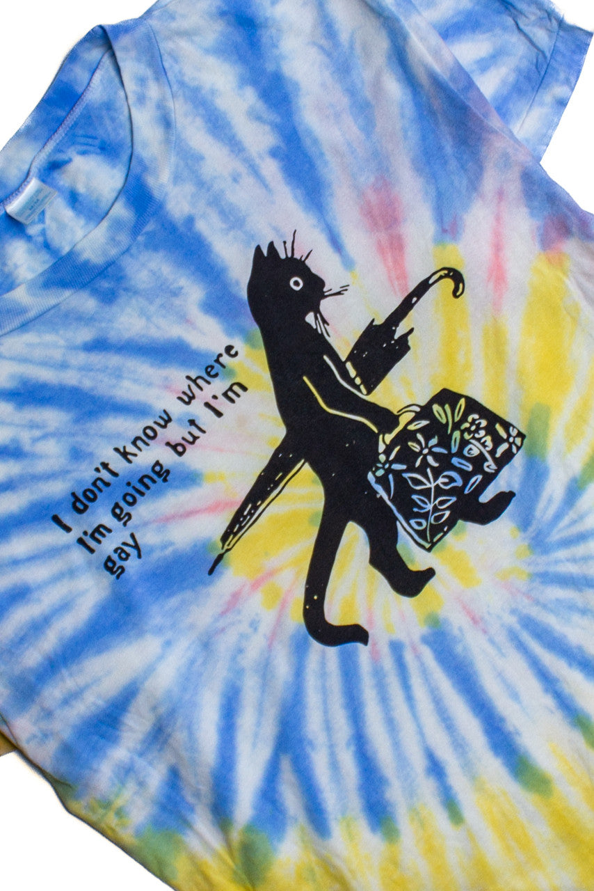 Pastel Rainbow Gay Cat Tie Dye Screen Print T-Shirt