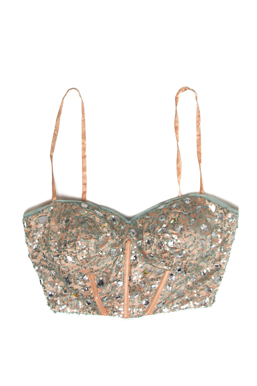 Vintage Blondie sequin corset top with thin straps and intricate shimmering beadwork on a nude base