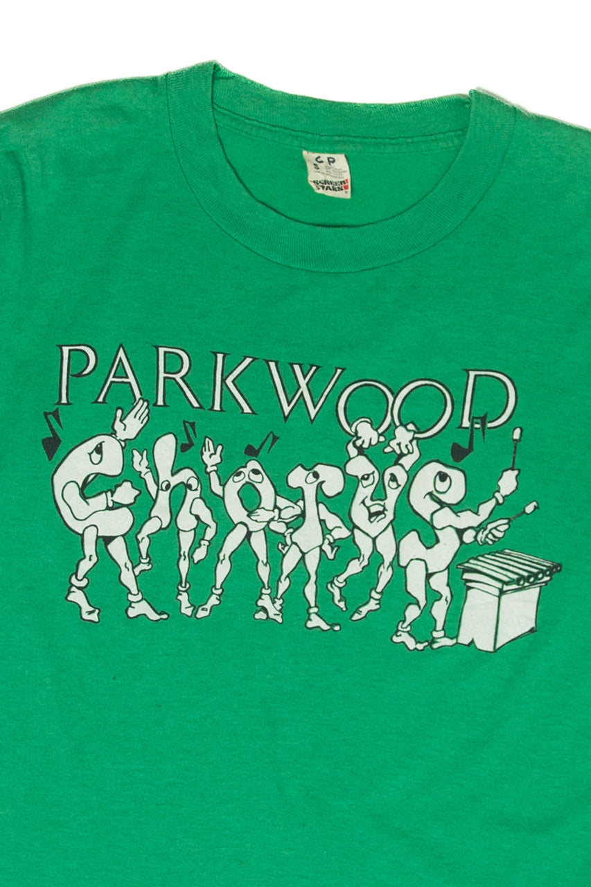 Green vintage Parkwood Chorus Screen Stars t-shirt with skeleton band playing instruments graphic on front
