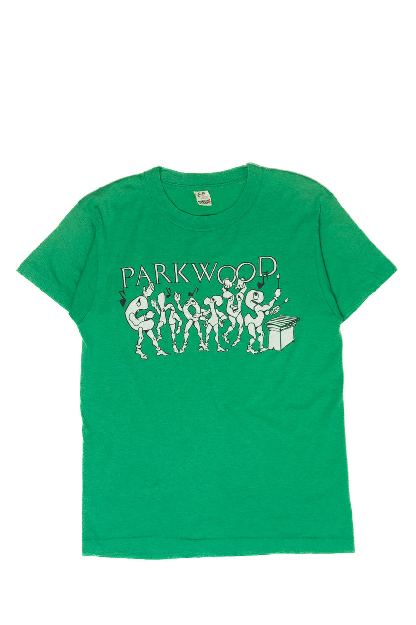 Green vintage Parkwood Chorus Screen Stars T-shirt with graphic text and cartoon figures on front, classic crew neck design