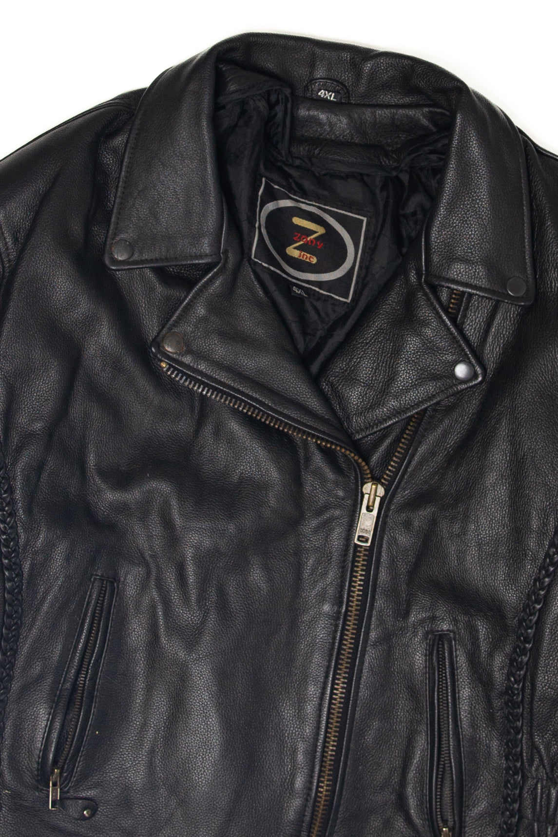 Vintage Zody Inc black leather motorcycle jacket with zipper and snap collar detailing on white background