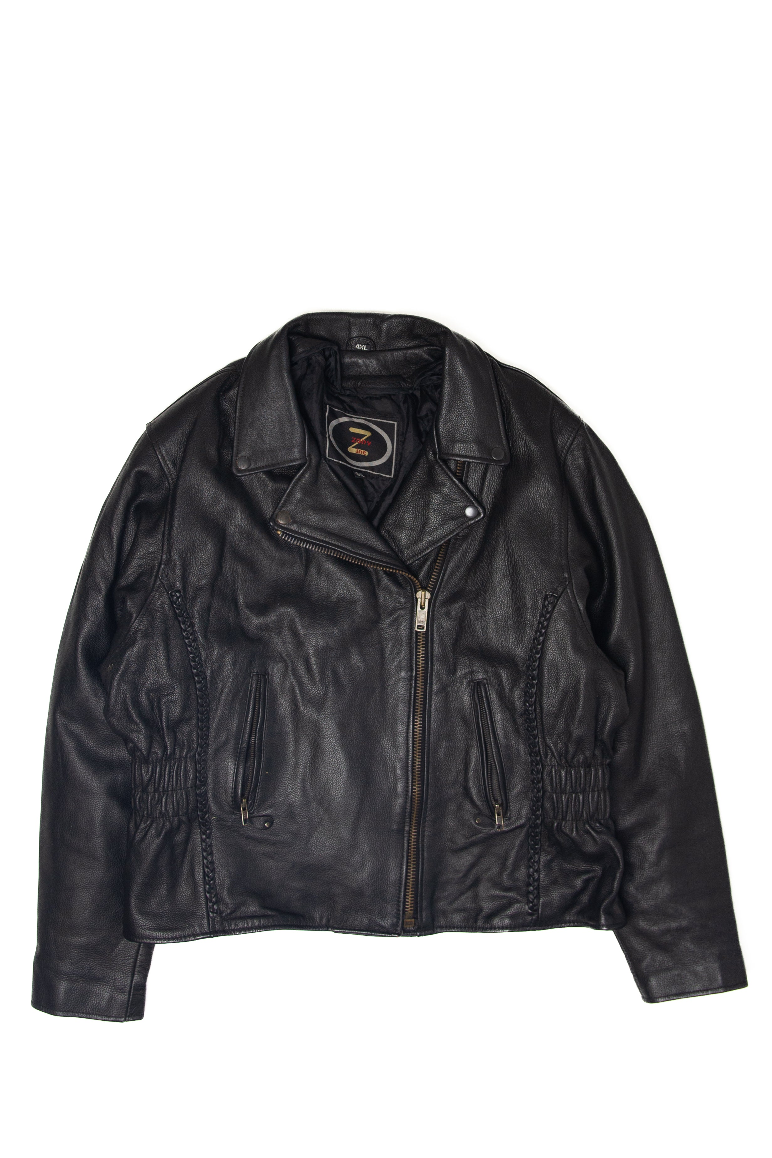 Vintage Zody Inc black leather motorcycle jacket with zippered front and side pockets on a white background