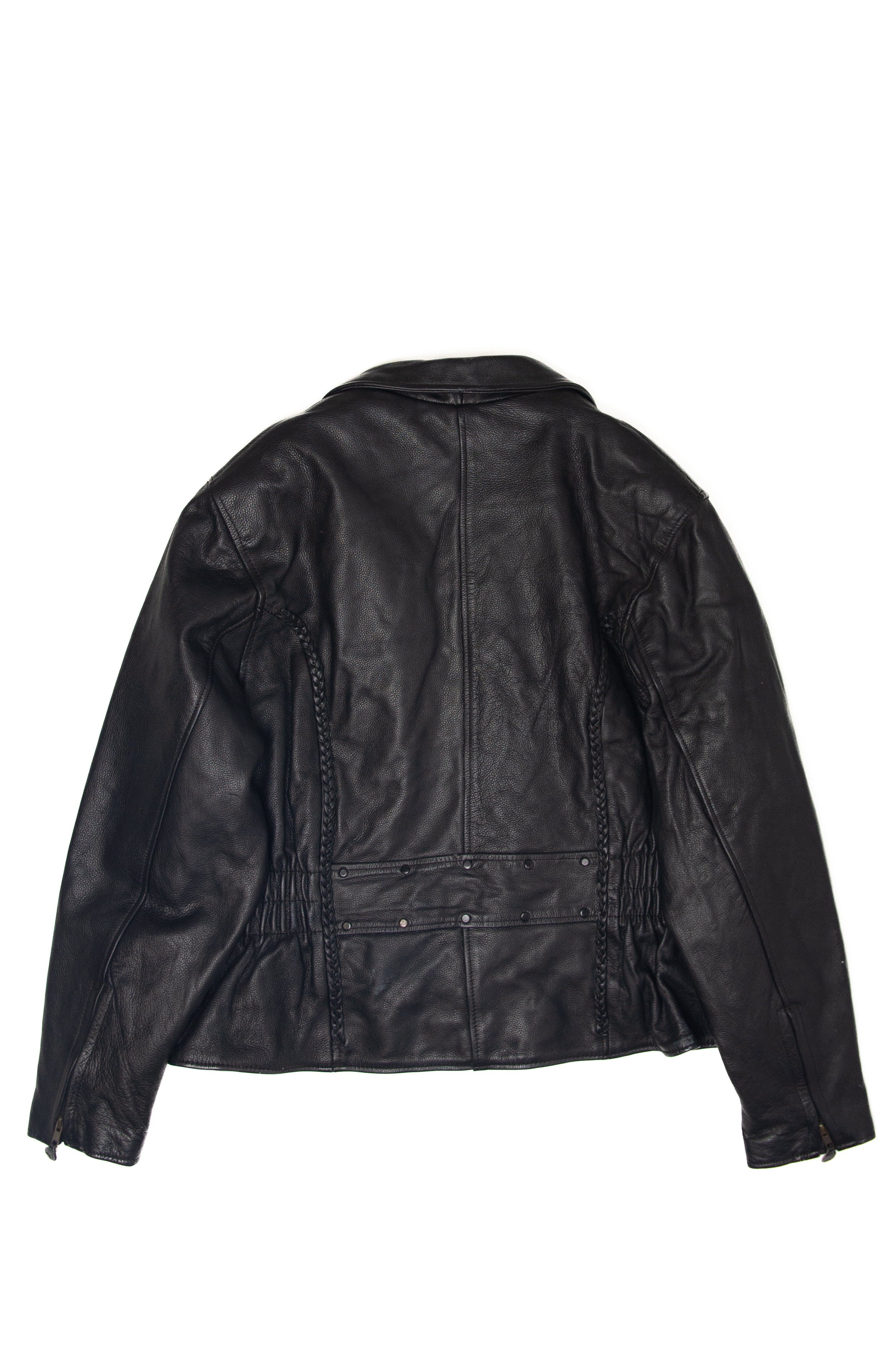Back view of vintage Zody Inc black leather motorcycle jacket with detailed stitching and side lacing accents