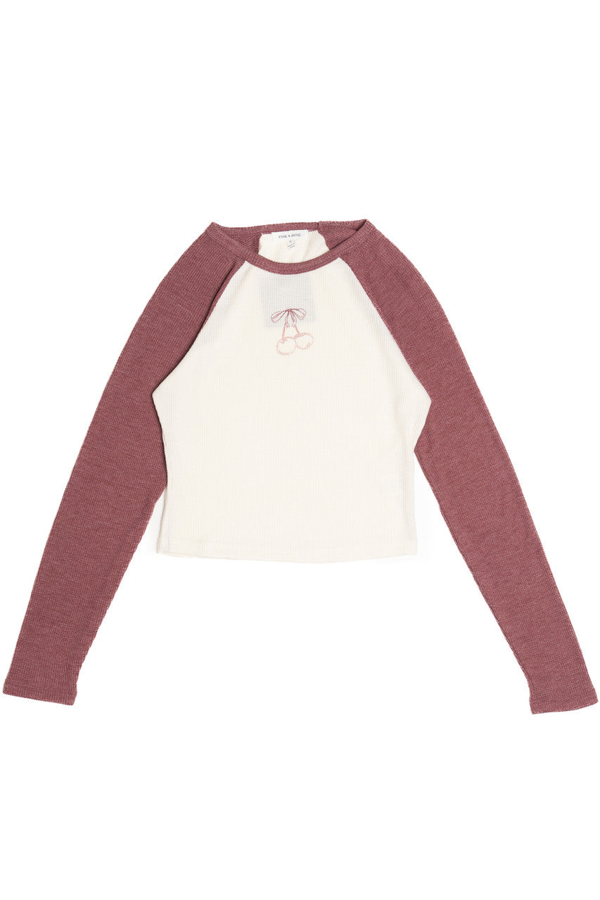 Cherry Waffle Weave Long Sleeve Baseball Tee