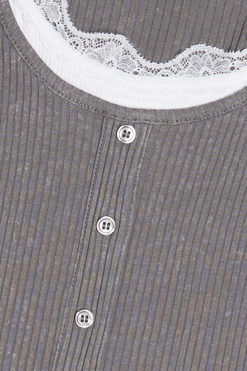 Lace Trim Ribbed Long Sleeve Top