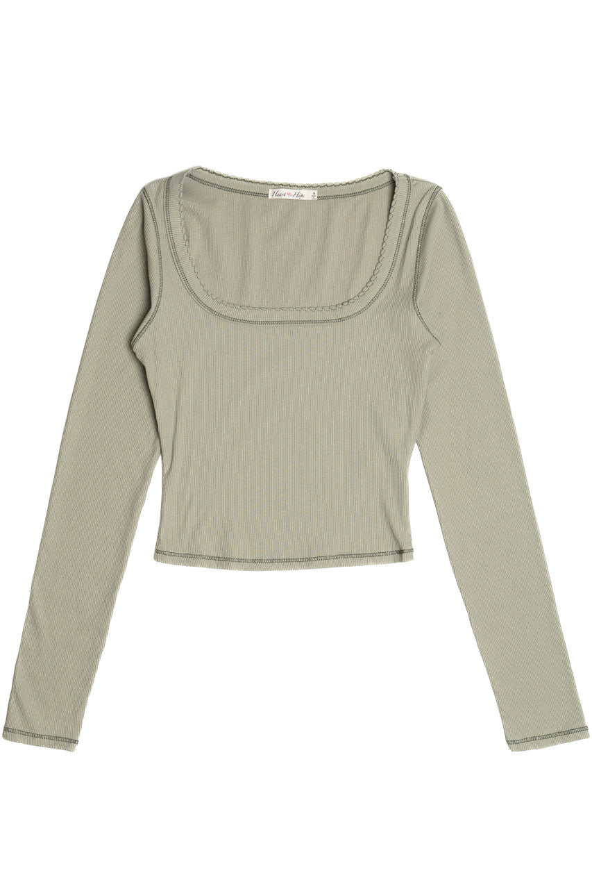 Ribbed Contrast Stitch Long Sleeve Top