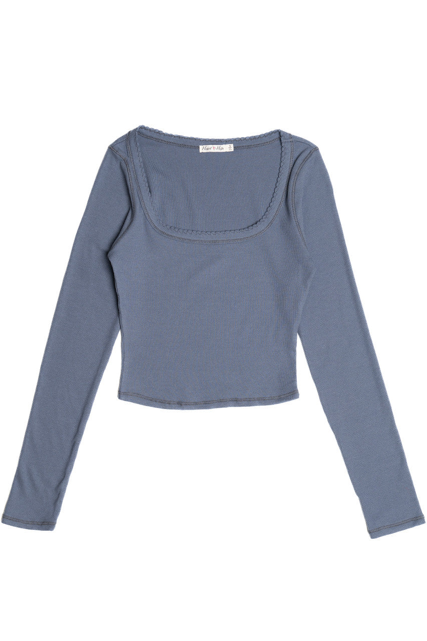 Ribbed Contrast Stitch Long Sleeve Top