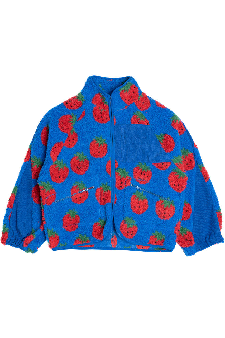 Fruit Pattern Corduroy Detail Faux Sherpa Jacket