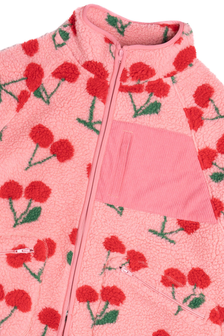 Fruit Pattern Corduroy Detail Faux Sherpa Jacket