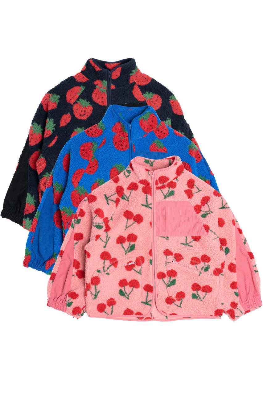 Fruit Pattern Corduroy Detail Faux Sherpa Jacket