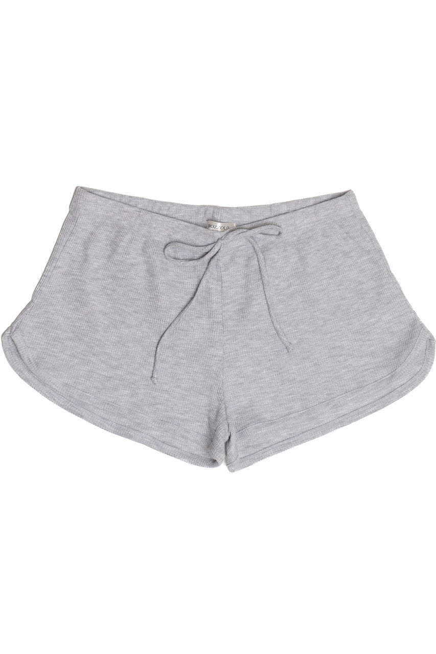 Light gray thermal dolphin shorts with curved hem and adjustable drawstring waist for casual comfort.