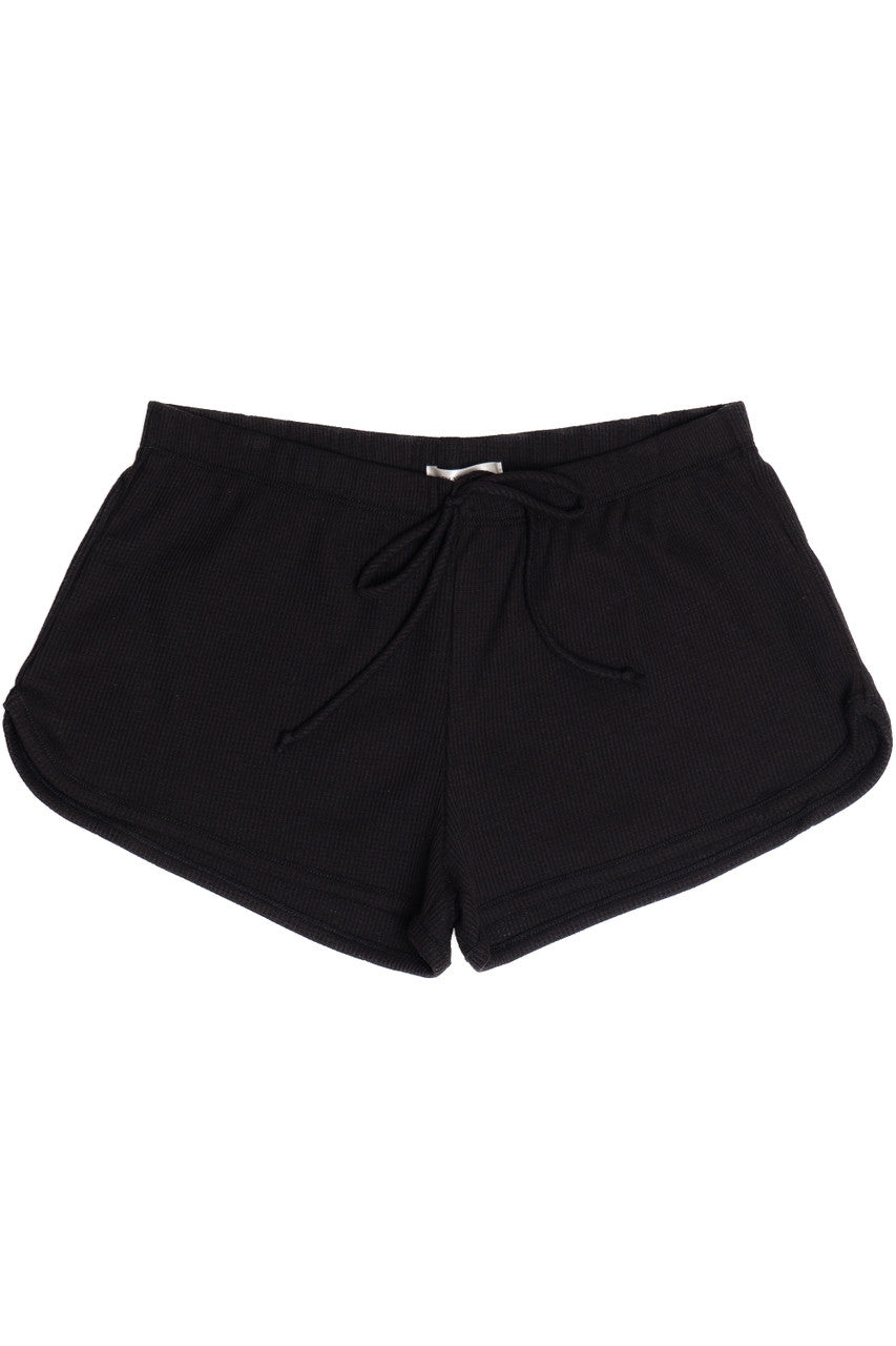 Black Thermal Dolphin Shorts with drawstring waist and curved hem for comfortable casual wear