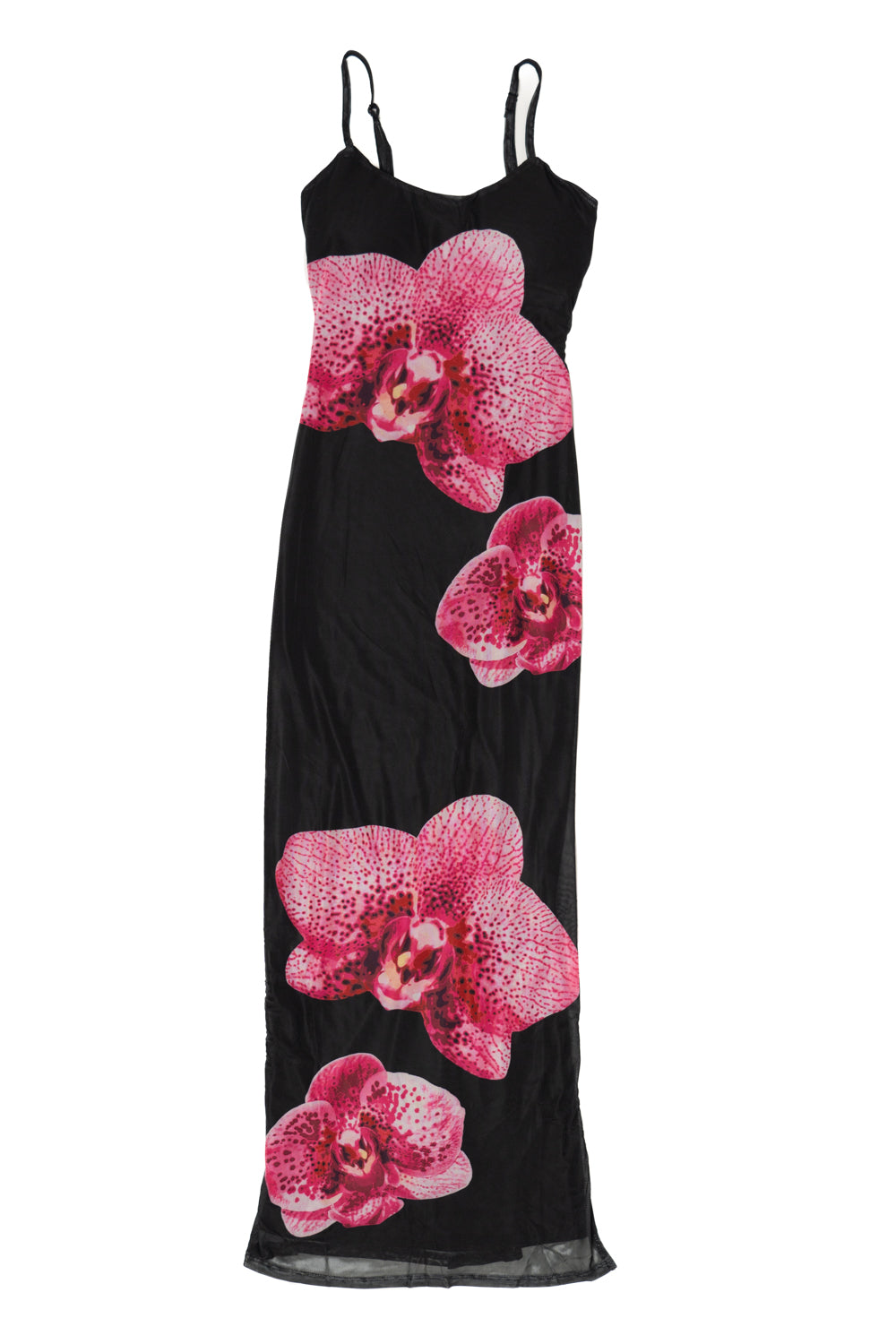 Large Flower Print Mesh Maxi Dress - Black