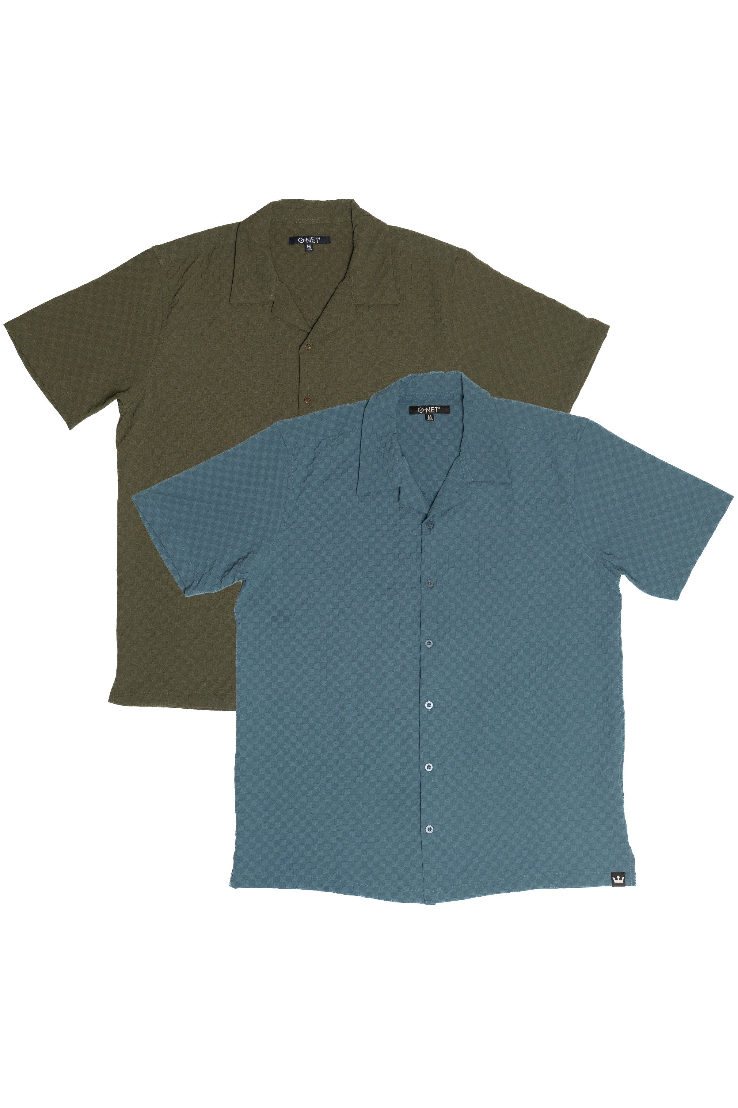 Green And Blue Embossed Grid Button Down Tops