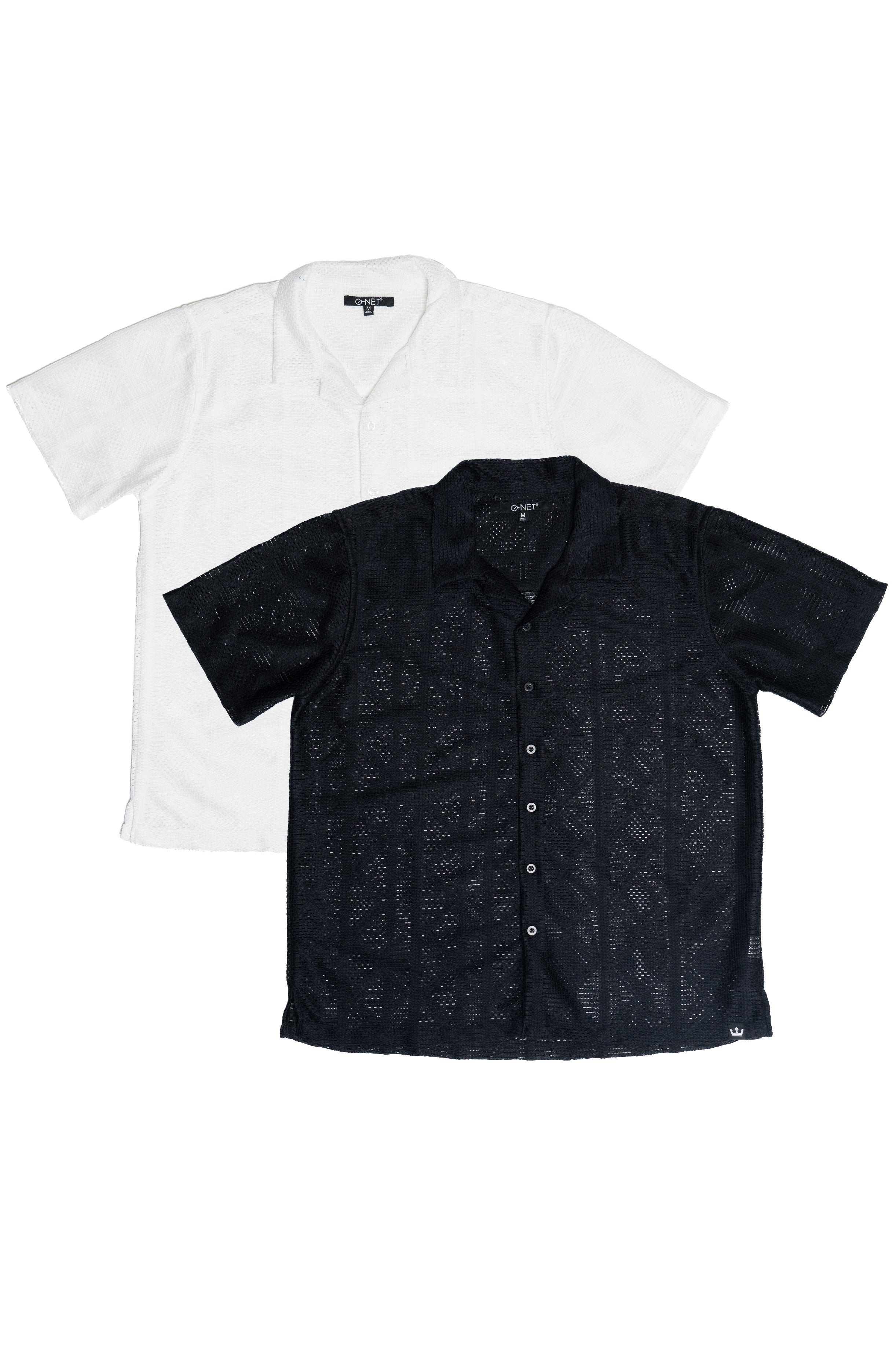 White And Black Diamond Open Weave Button Up Shirts