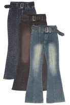 Belted Flare Grunge Wash Jeans