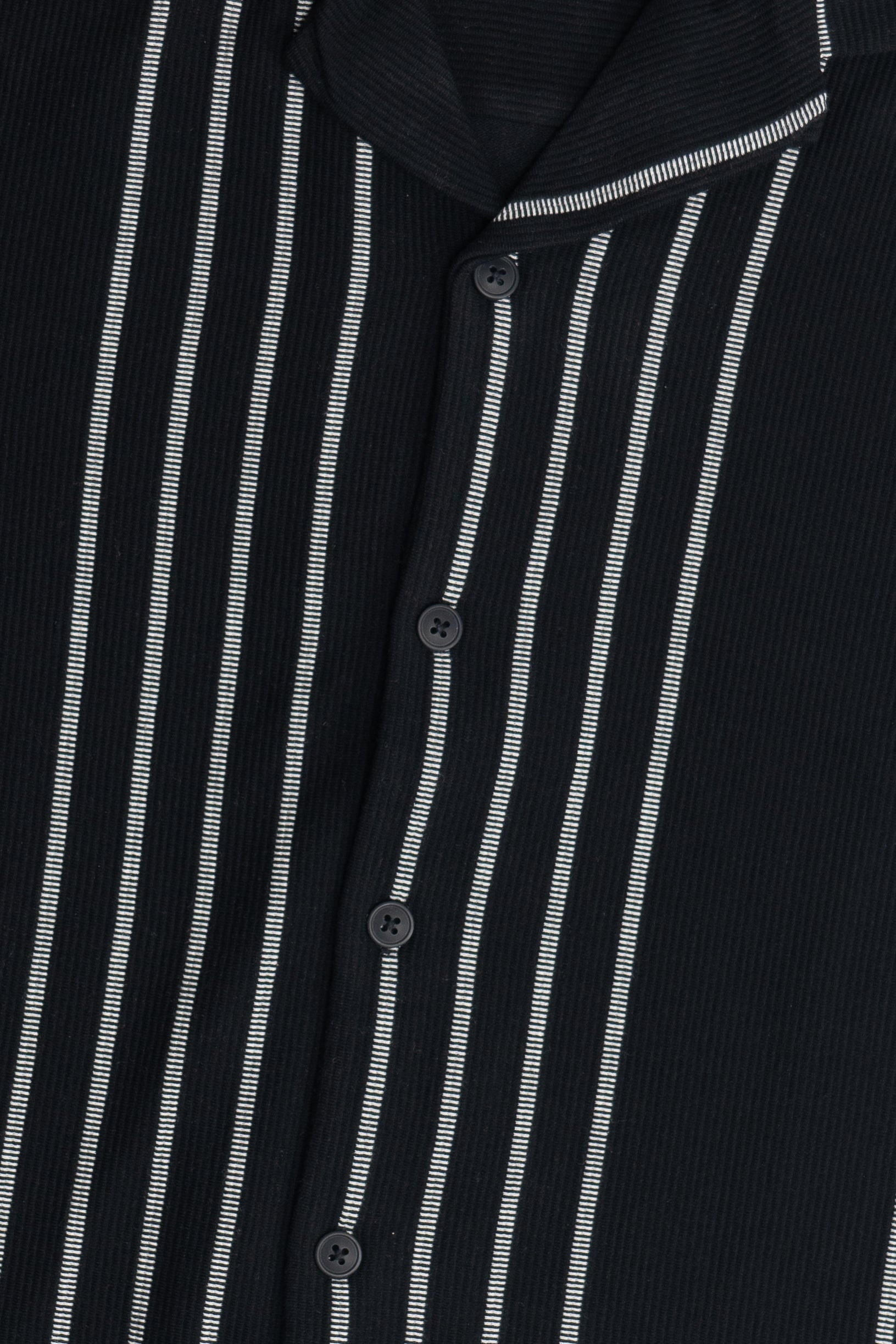 Black and White Striped Woven Button Up Shirt Close Up